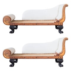 Antique Pair of Regency Oak and Ebony Strung Daybeds