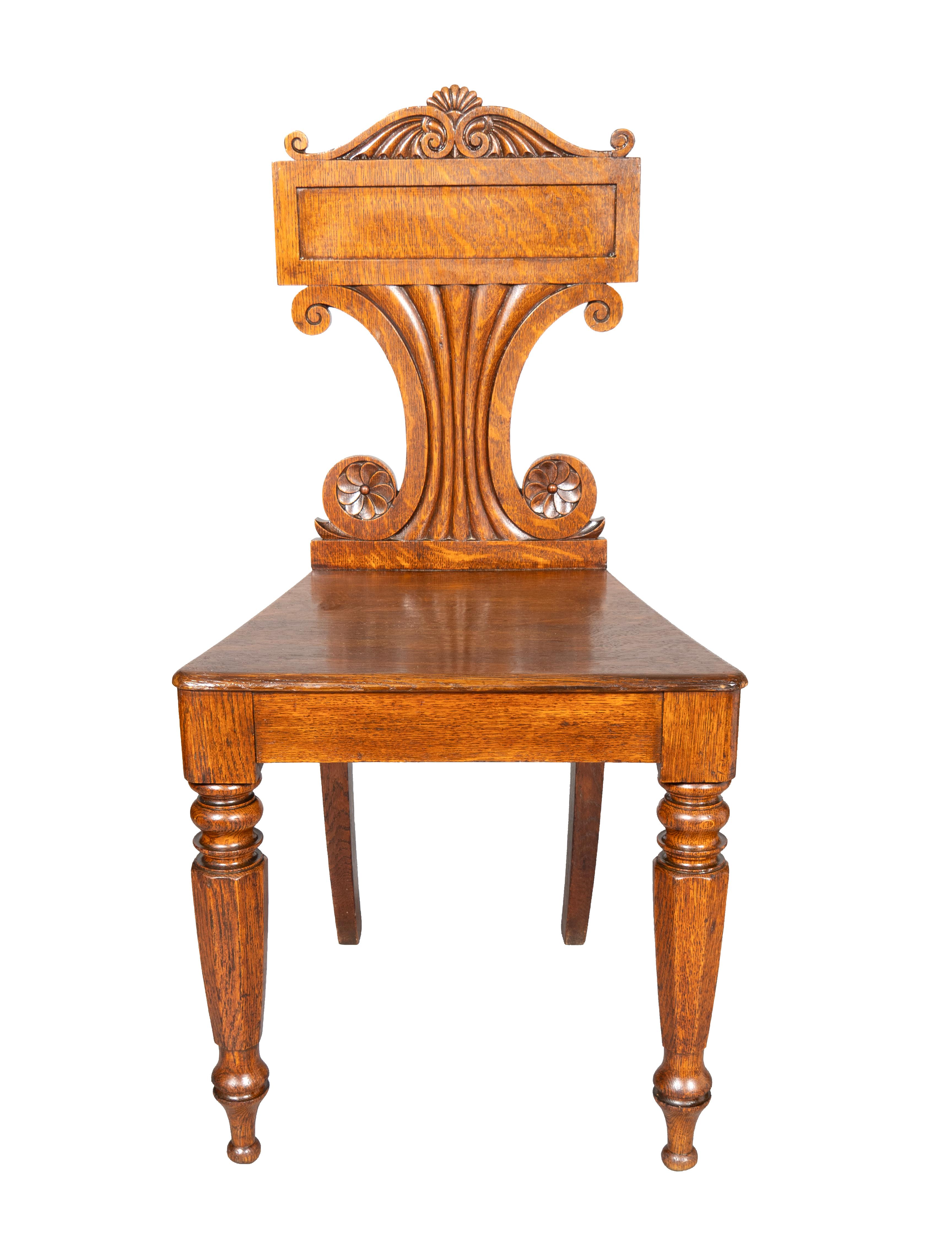 English Pair Of Regency Oak Hall Chairs For Sale