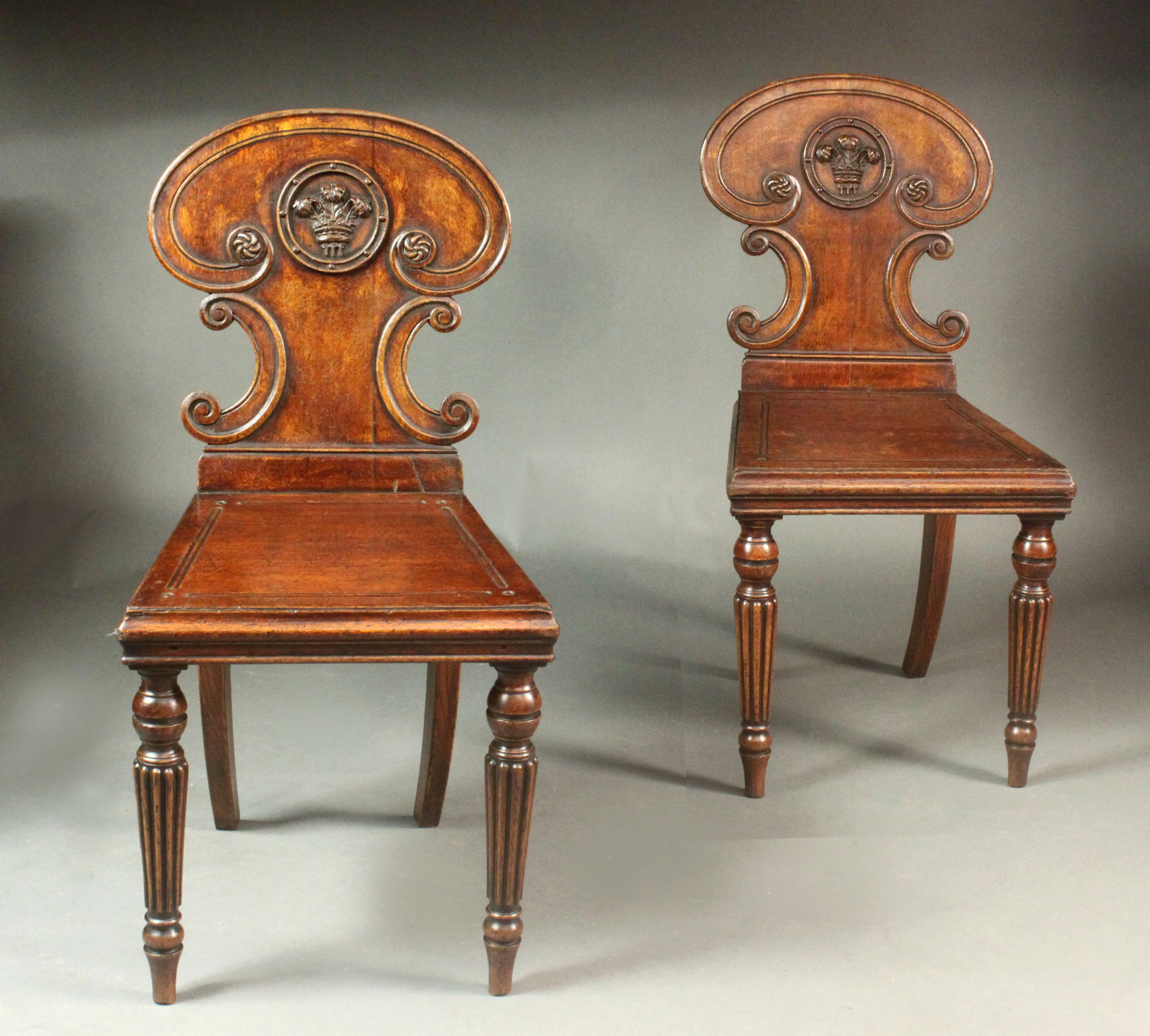 English Pair of Regency Oak Hall Chairs For Sale