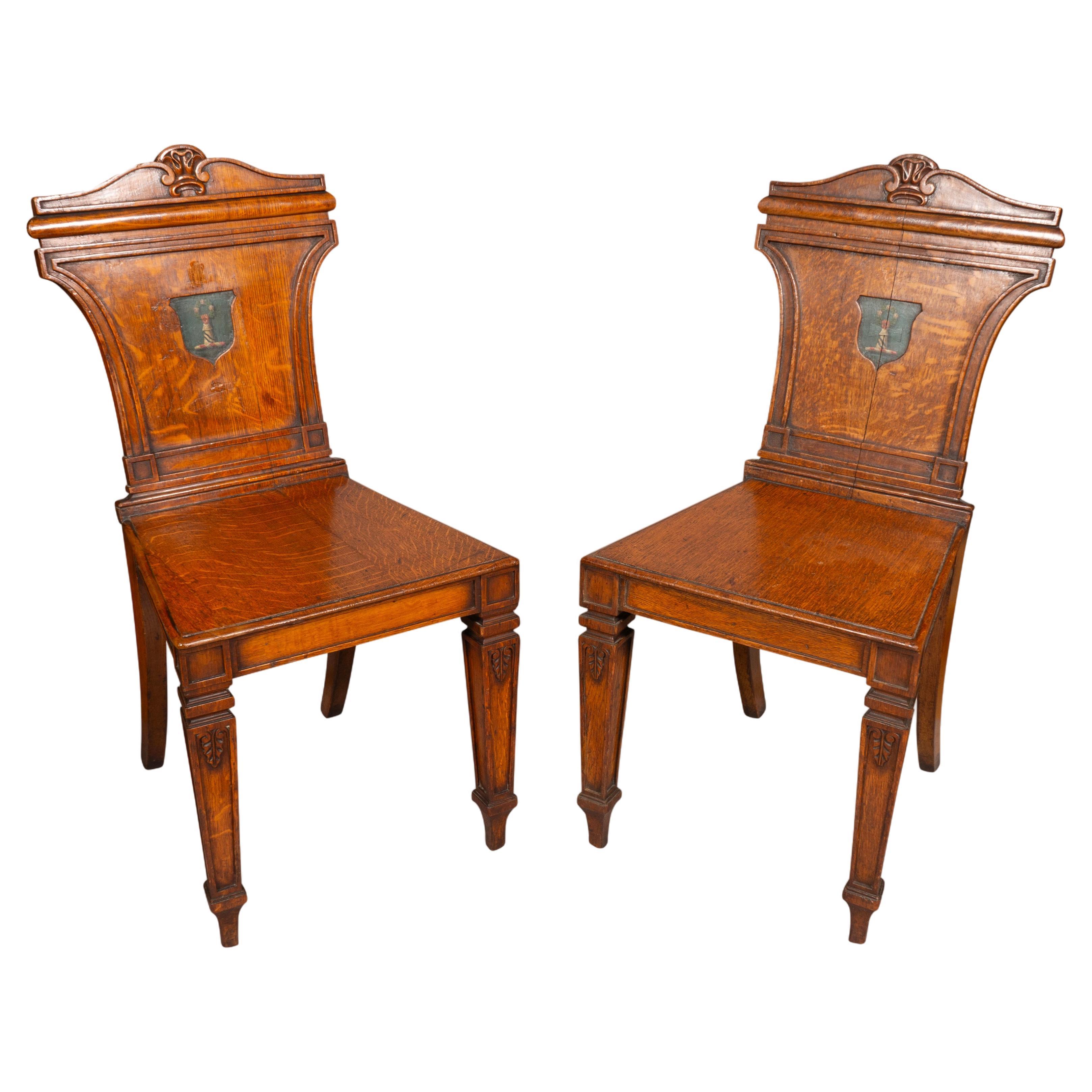 Pair Of Regency Oak Hall Chairs For Sale
