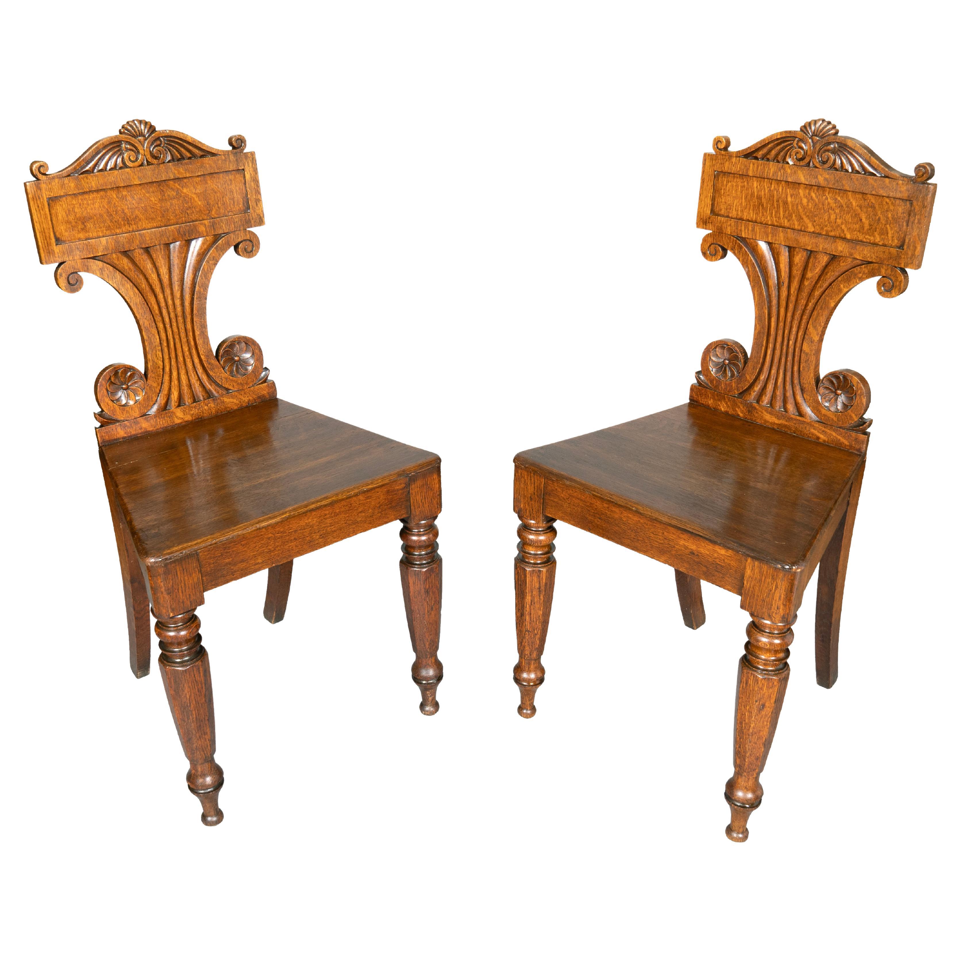 Pair Of Regency Oak Hall Chairs