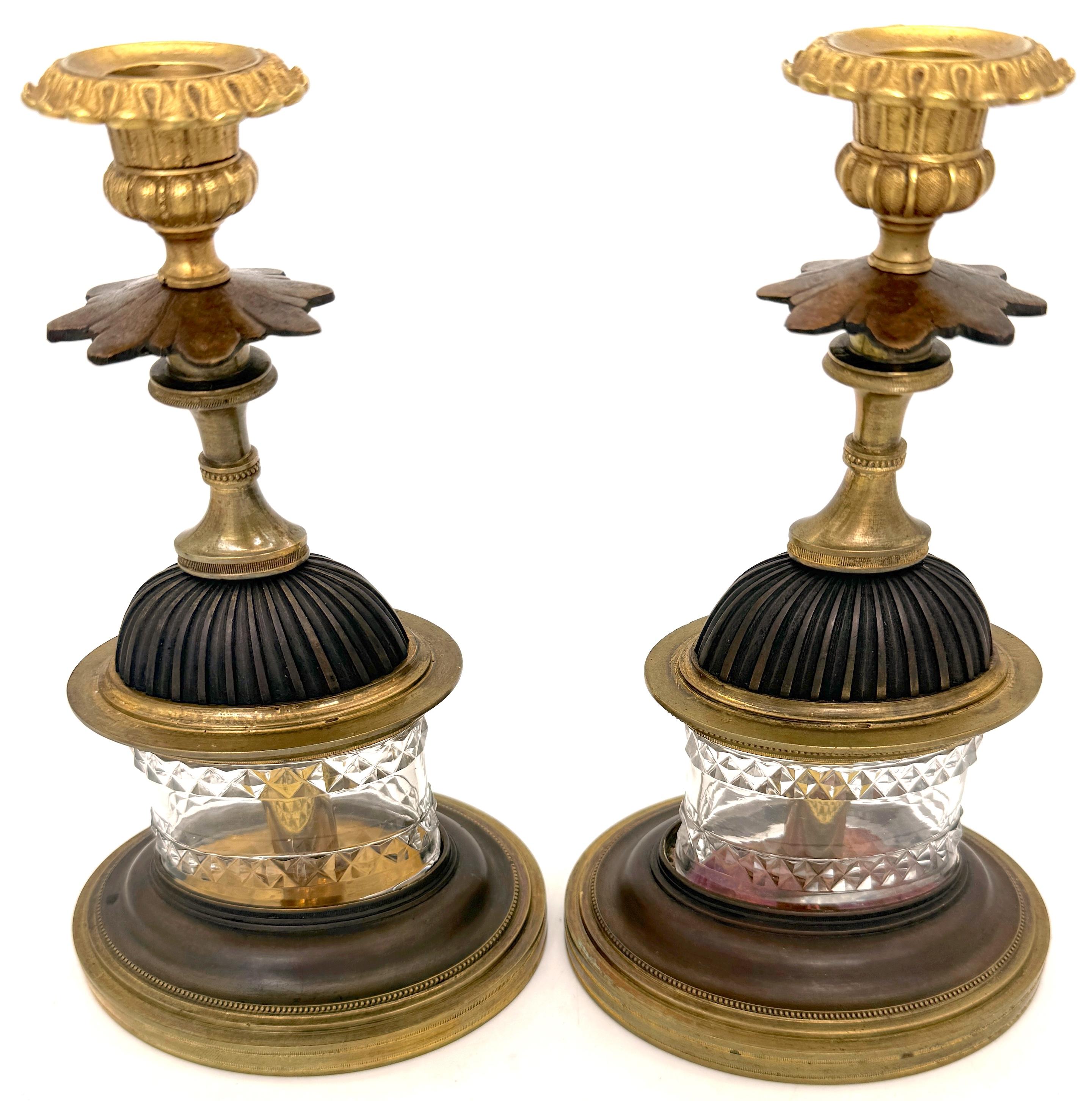 English Pair of Regency Pagoda Cut Glass Gilt & Patinated Candlesticks For Sale