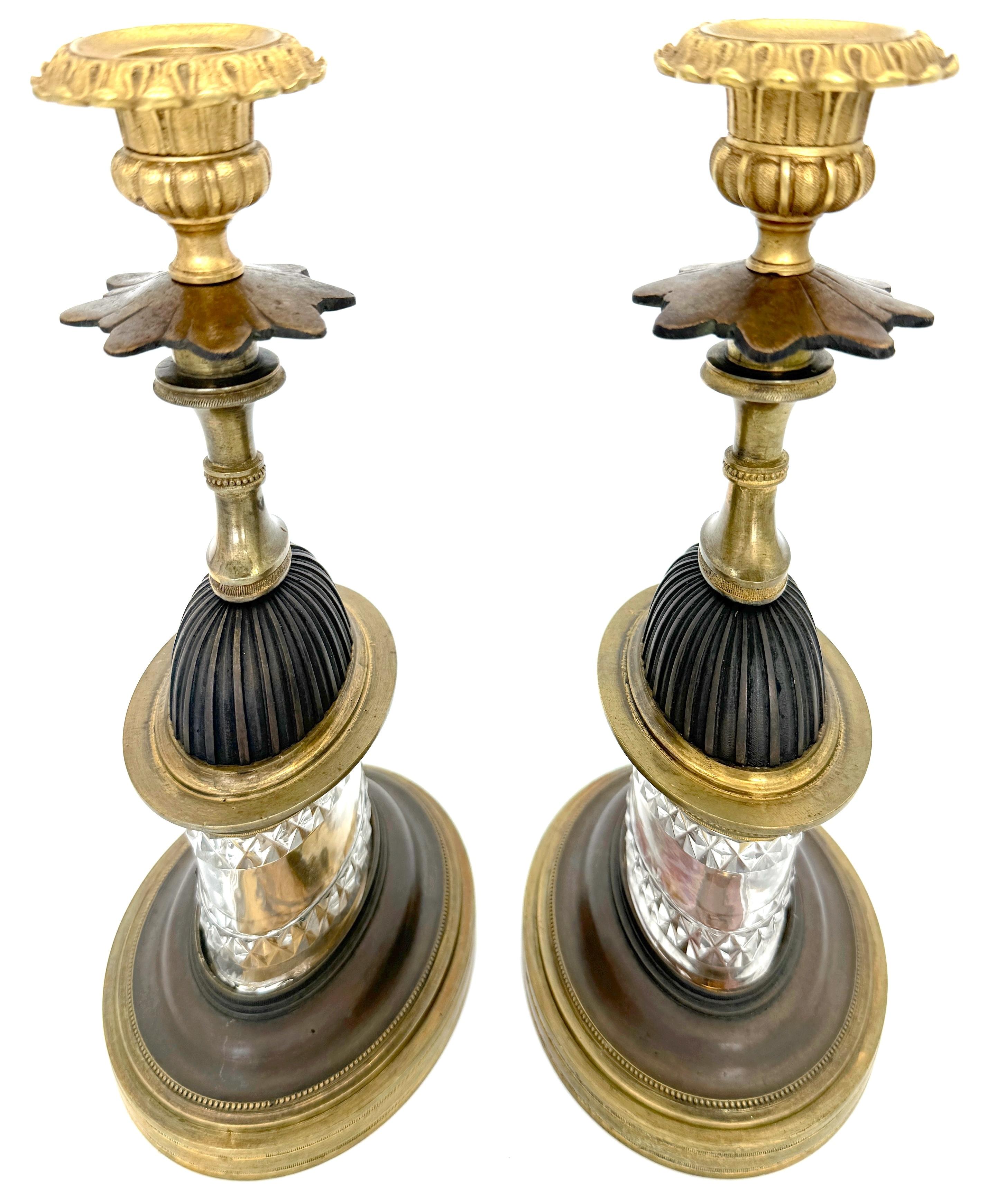 Pair of Regency Pagoda Cut Glass Gilt & Patinated Candlesticks In Good Condition For Sale In West Palm Beach, FL