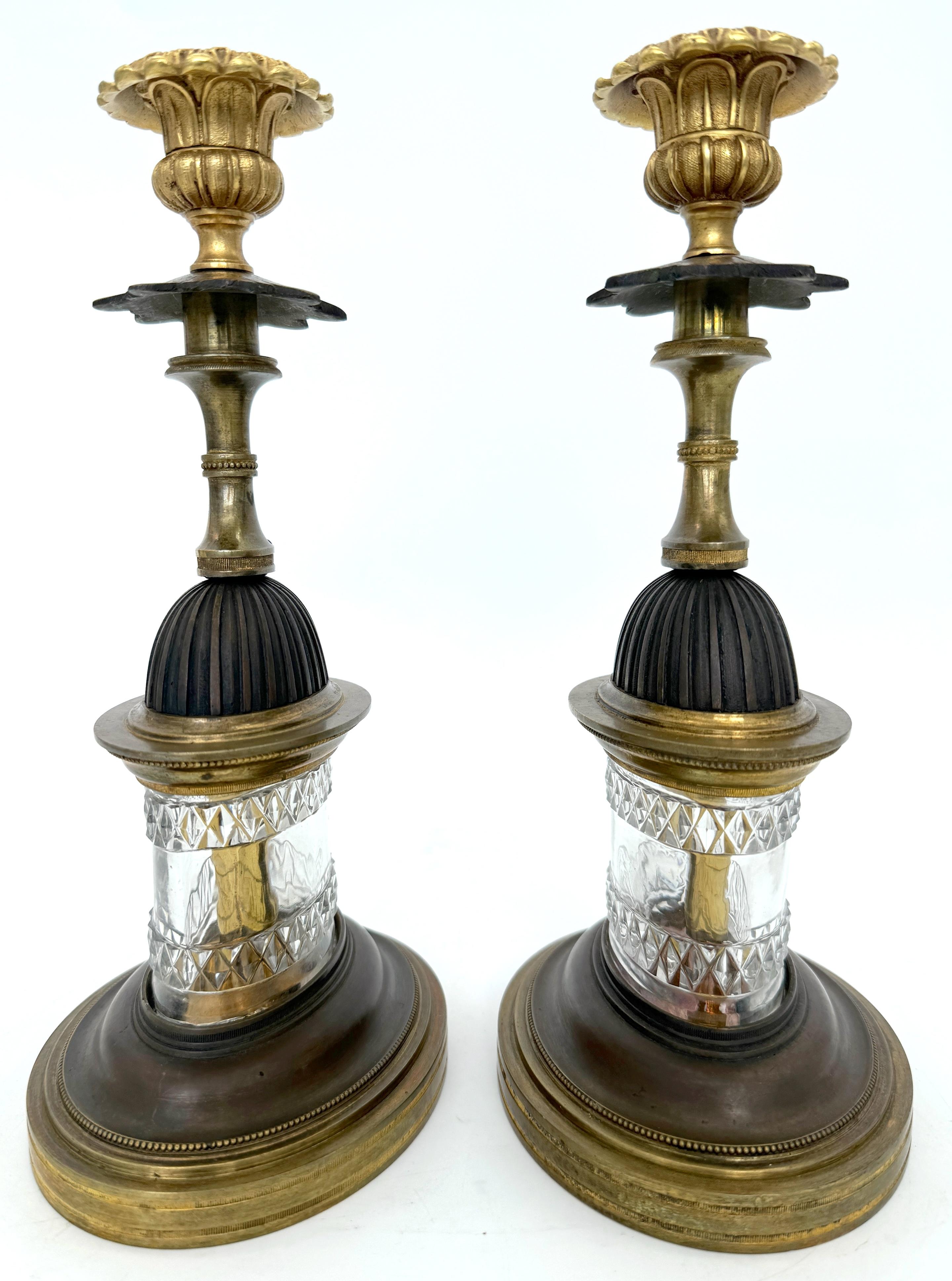 20th Century Pair of Regency Pagoda Cut Glass Gilt & Patinated Candlesticks For Sale