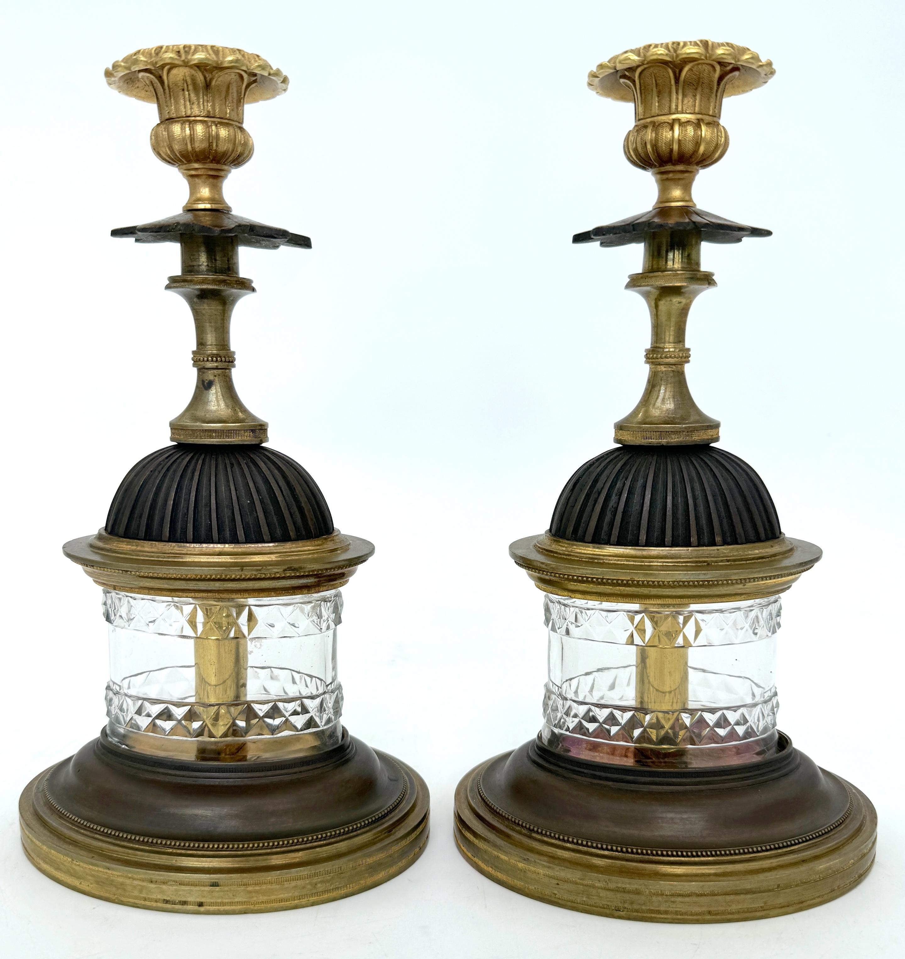 Bronze Pair of Regency Pagoda Cut Glass Gilt & Patinated Candlesticks For Sale