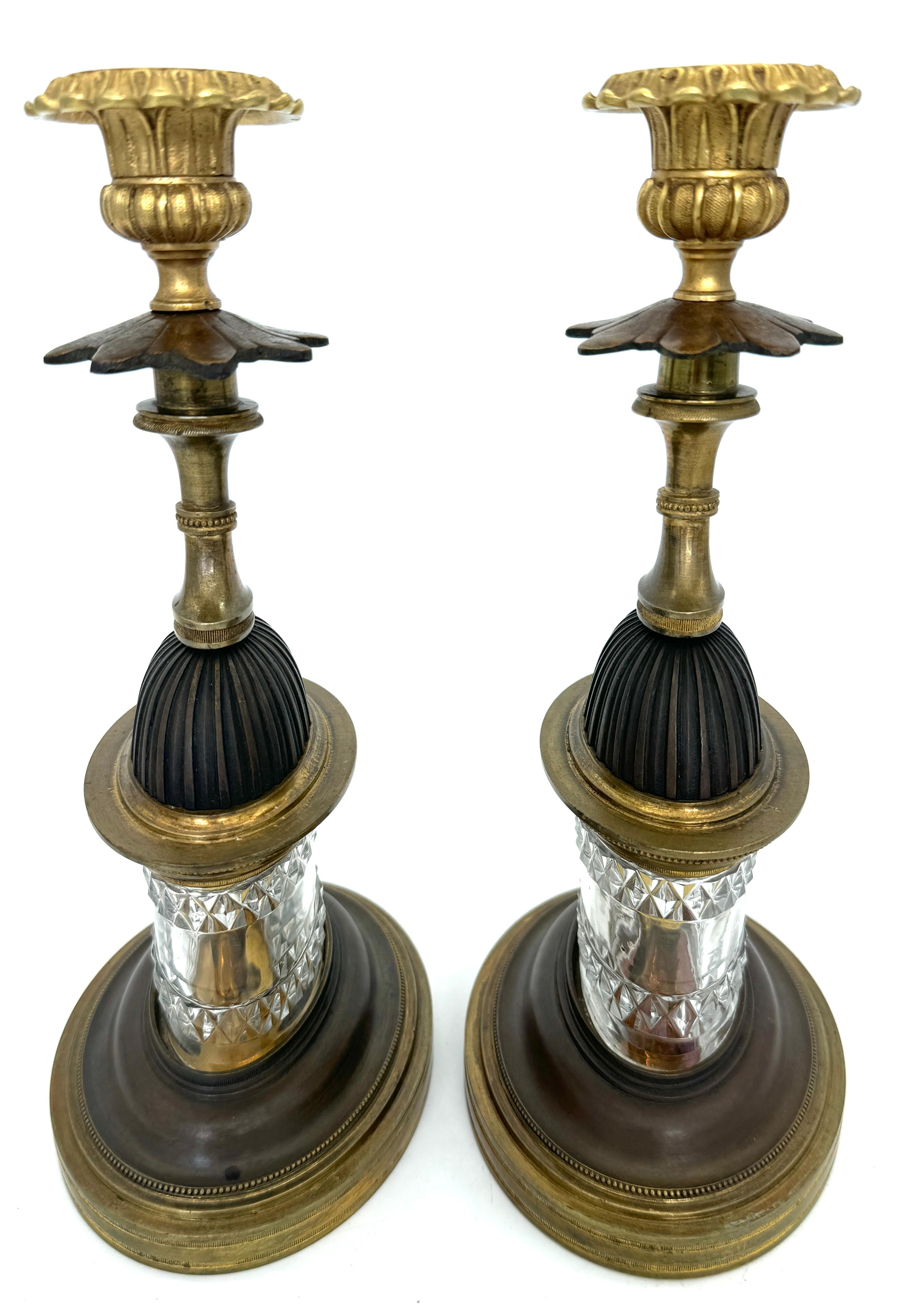 Pair of Regency Pagoda Cut Glass Gilt & Patinated Candlesticks For Sale 1