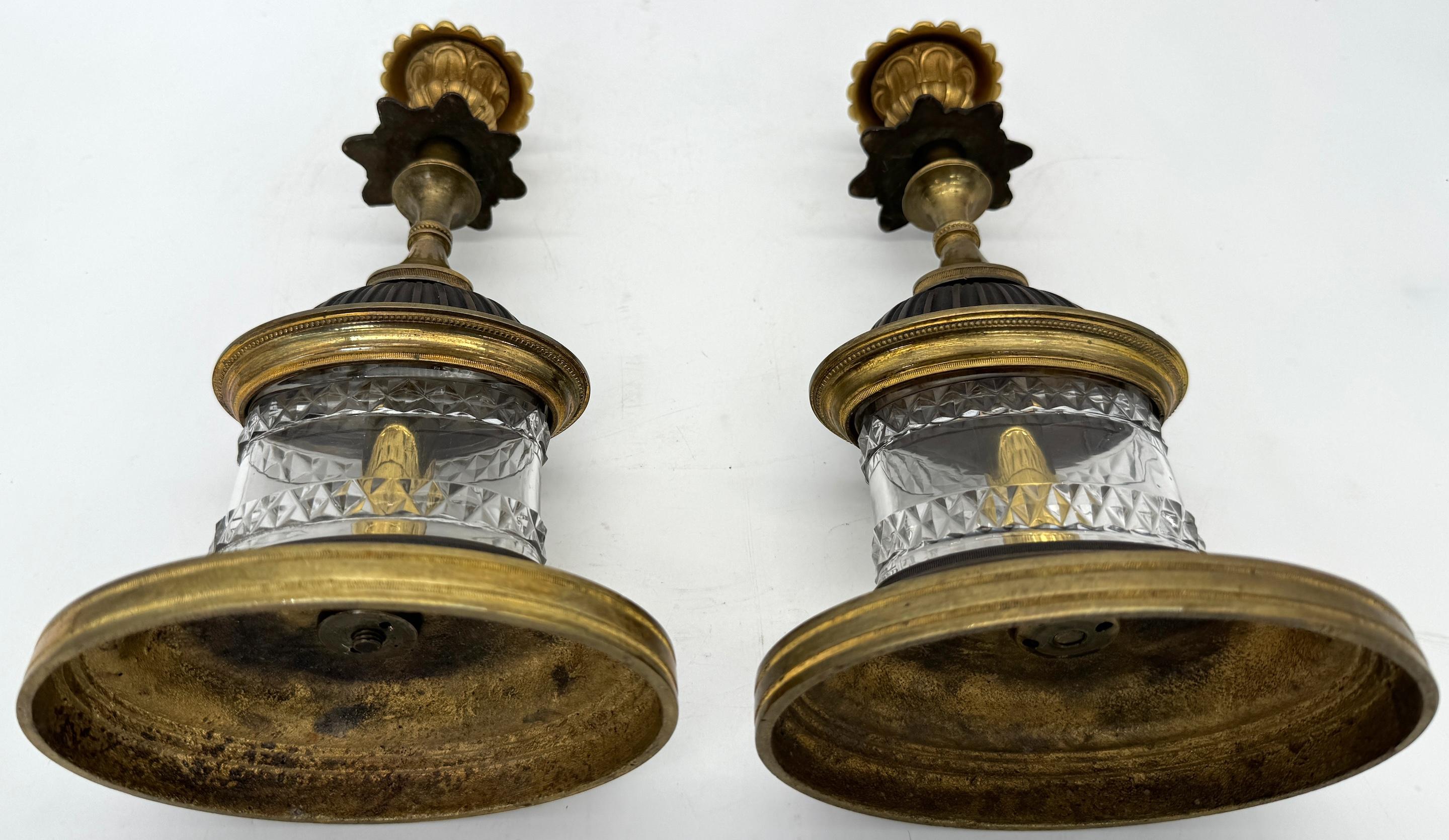 Pair of Regency Pagoda Cut Glass Gilt & Patinated Candlesticks For Sale 3