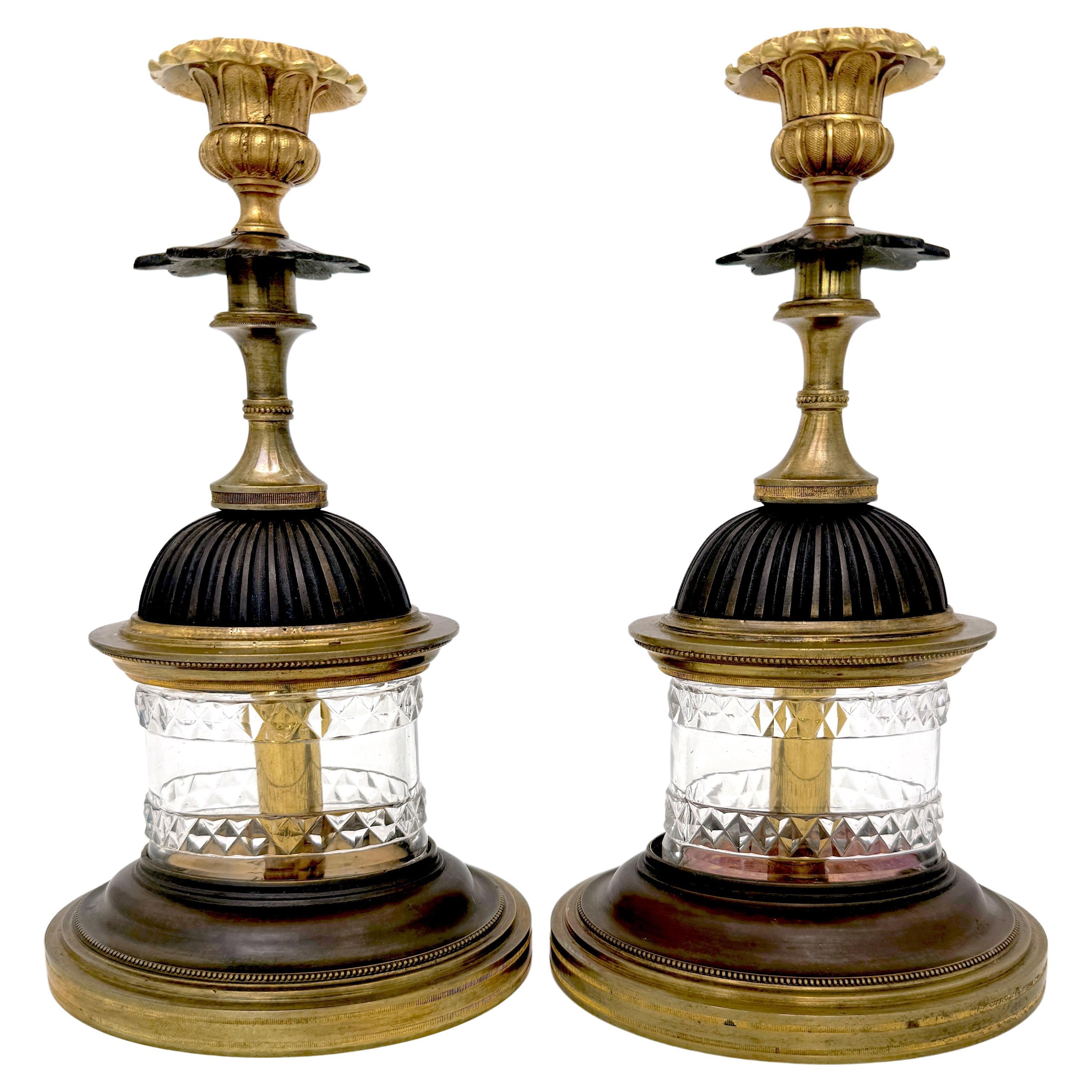 Pair of Regency Pagoda Cut Glass Gilt & Patinated Candlesticks