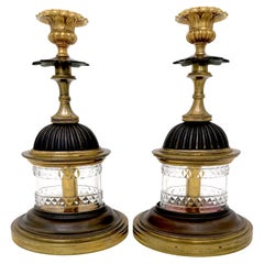 Pair of Regency Pagoda Cut Glass Gilt & Patinated Candlesticks