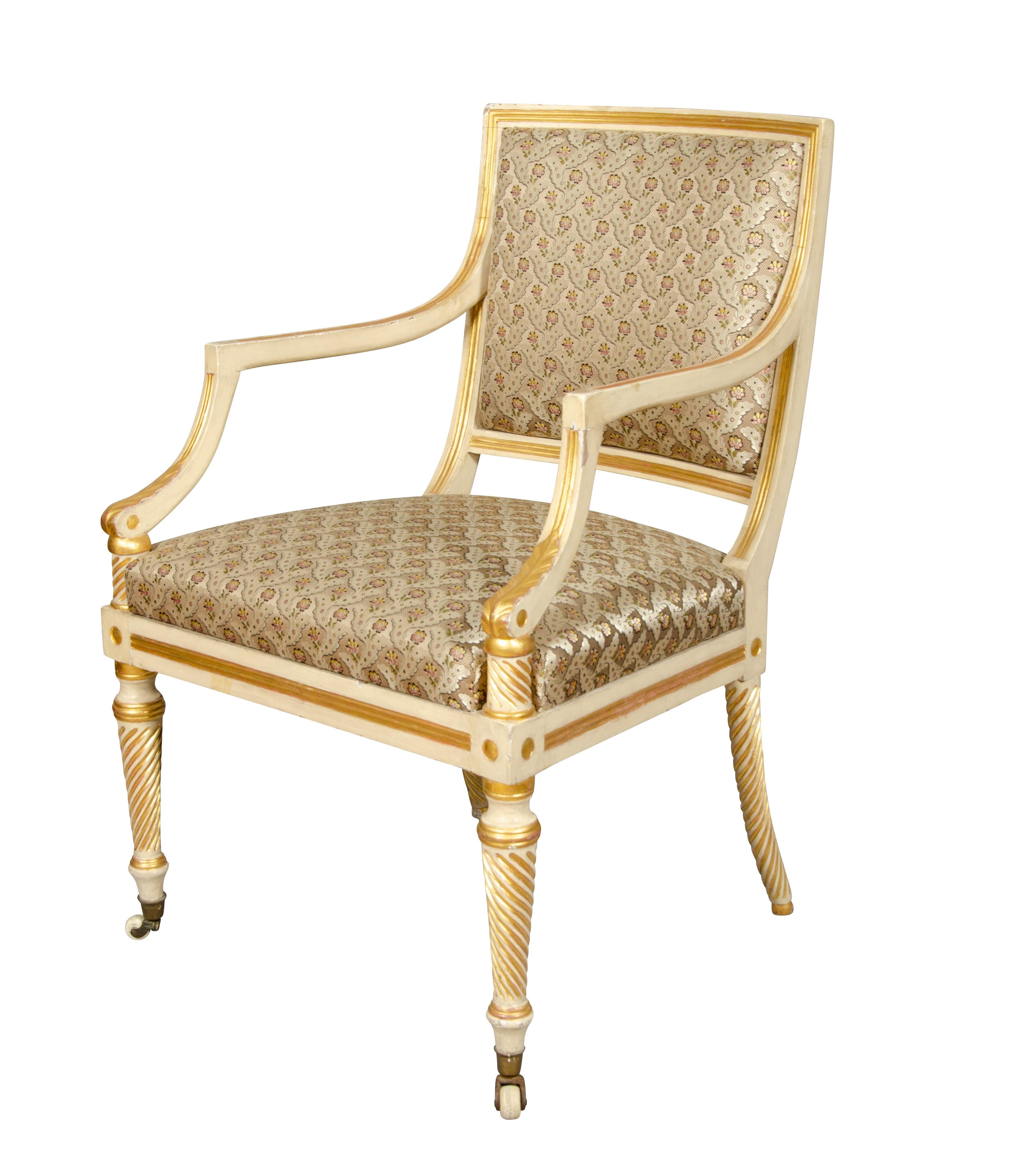 English Pair of Regency Painted and Gilded Armchairs For Sale