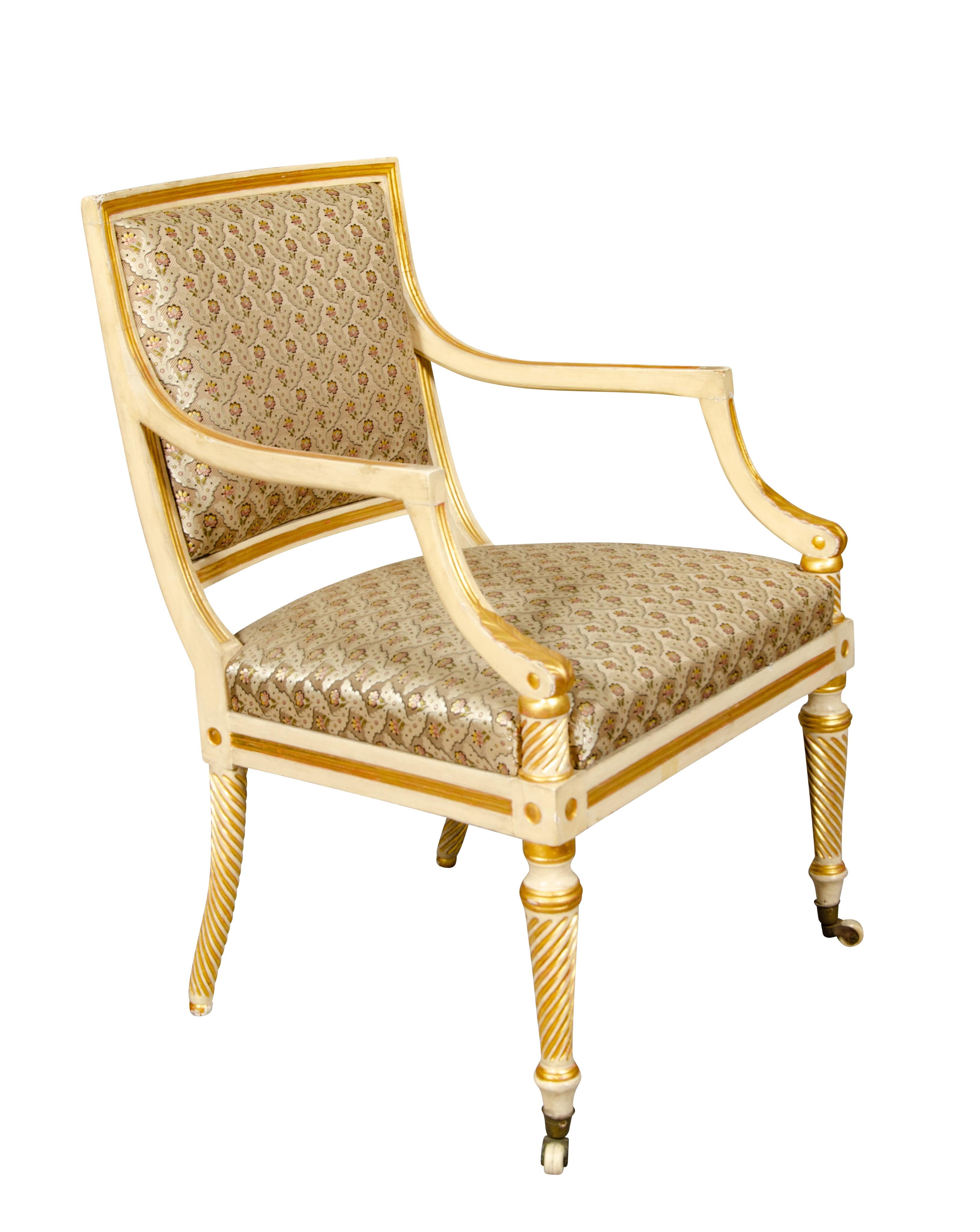 Wood Pair of Regency Painted and Gilded Armchairs For Sale