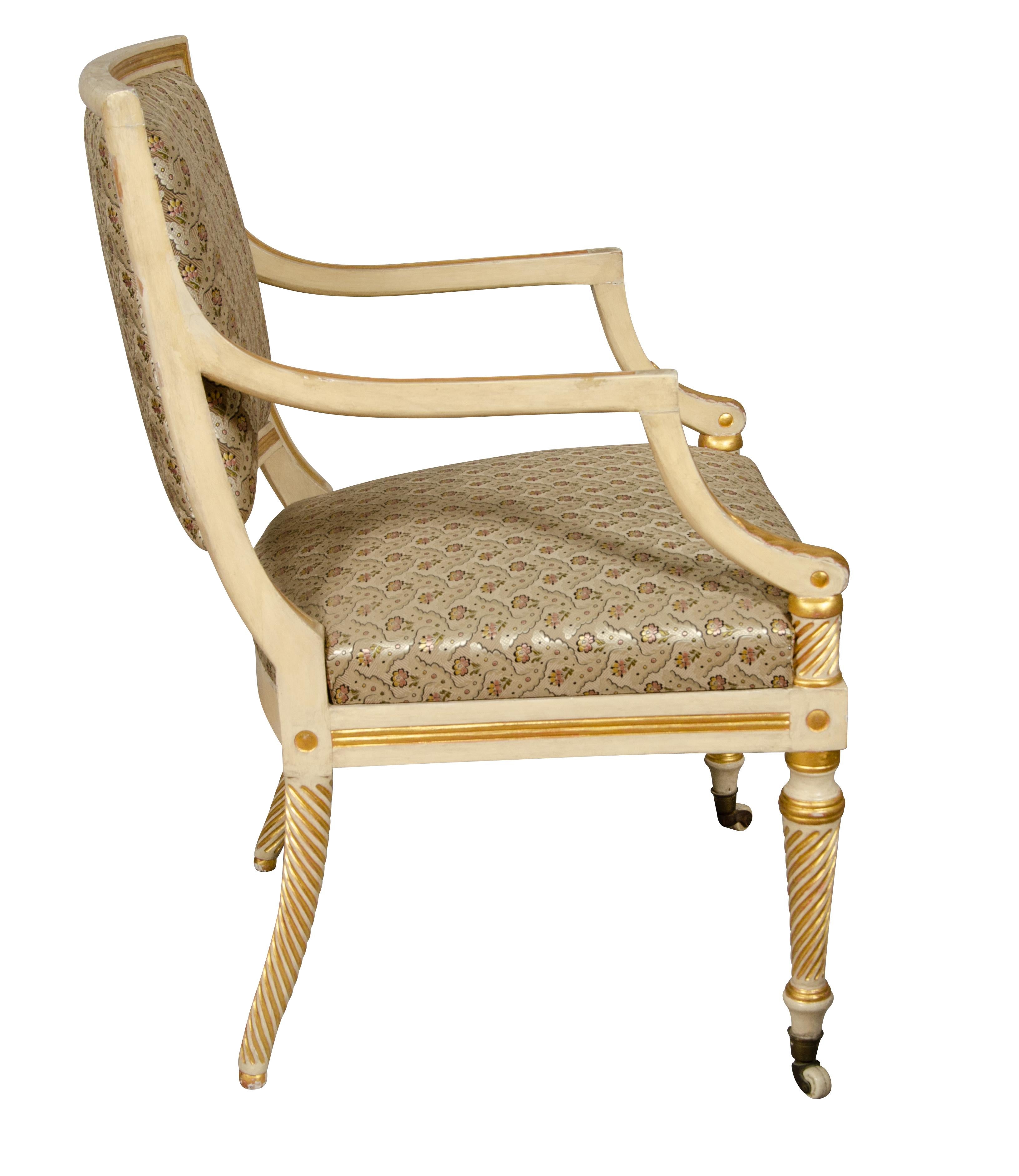 Pair of Regency Painted and Gilded Armchairs For Sale 1