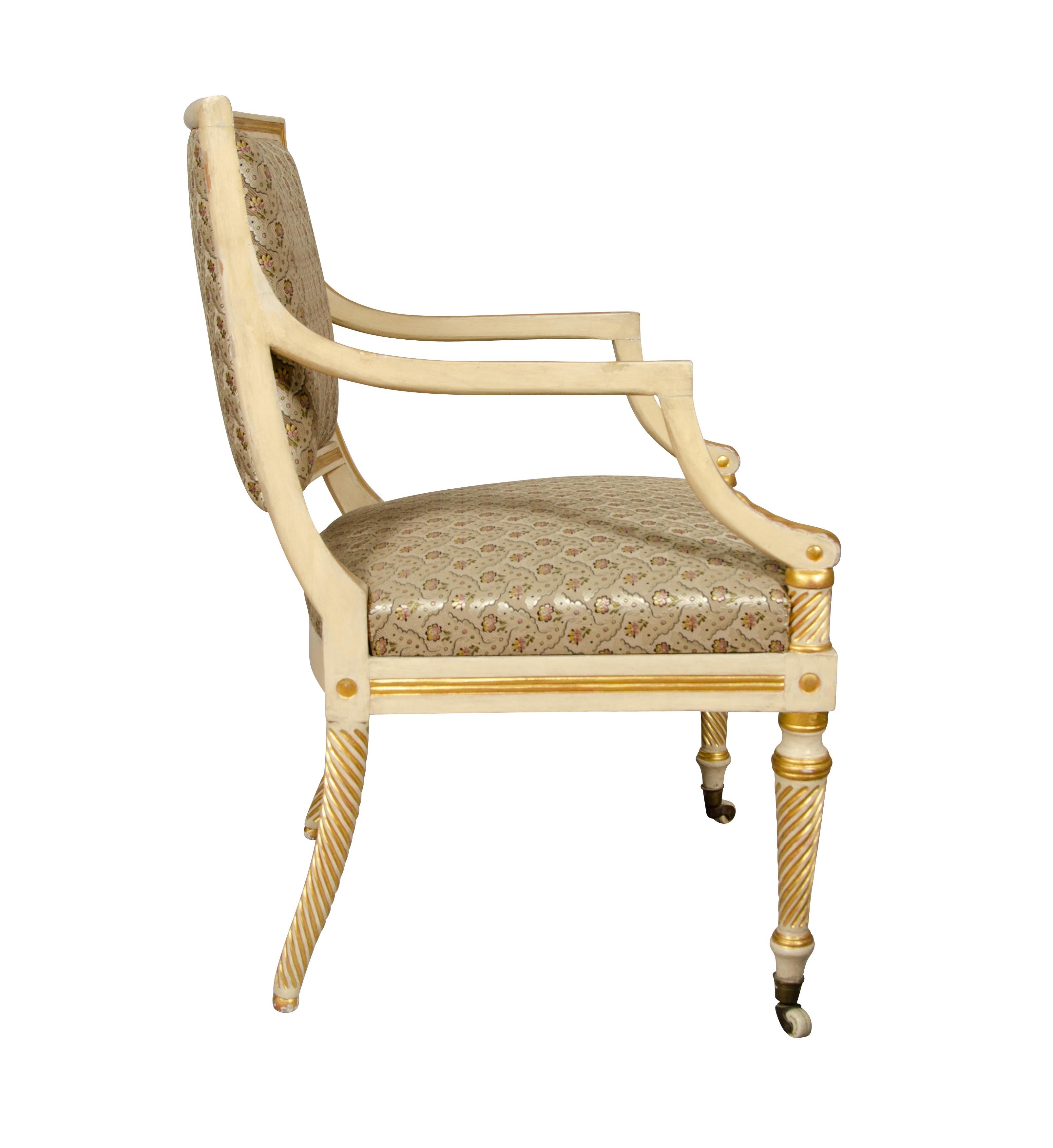 Pair of Regency Painted and Gilded Armchairs For Sale 2