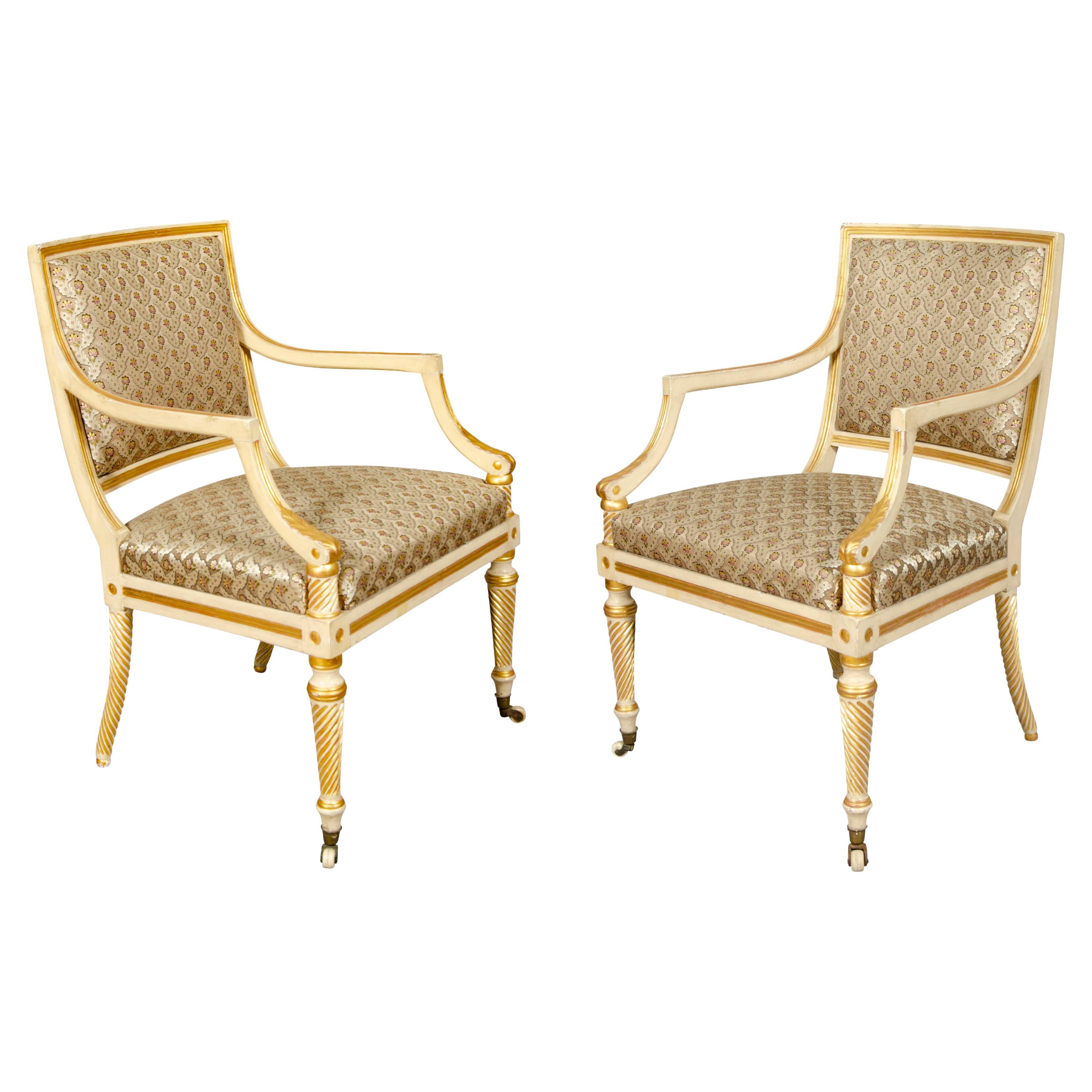 Pair of Regency Painted and Gilded Armchairs For Sale