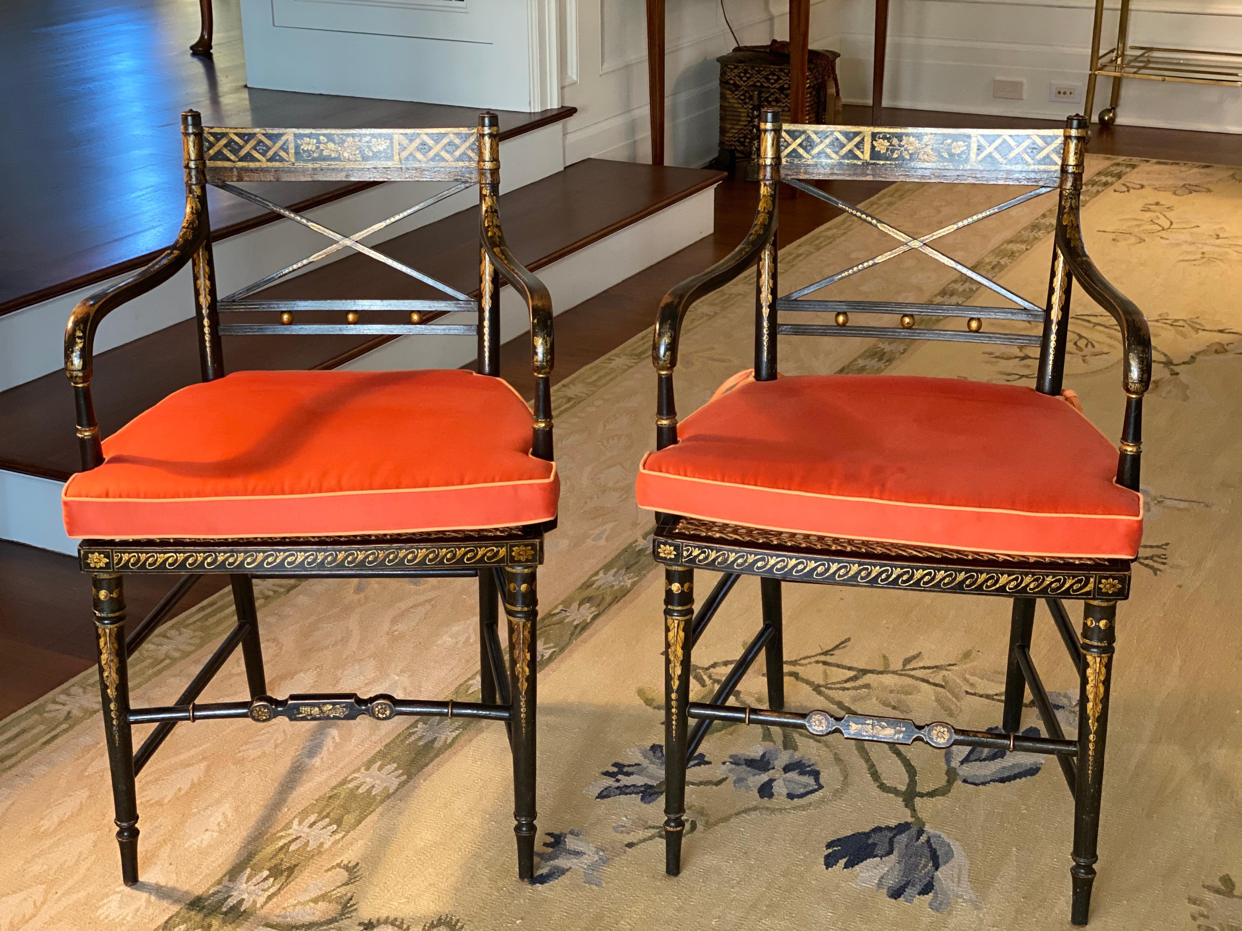 Pair of Regency Parcel-Gilt Rosewood-Grained Caned Armchairs, circa 1810 6