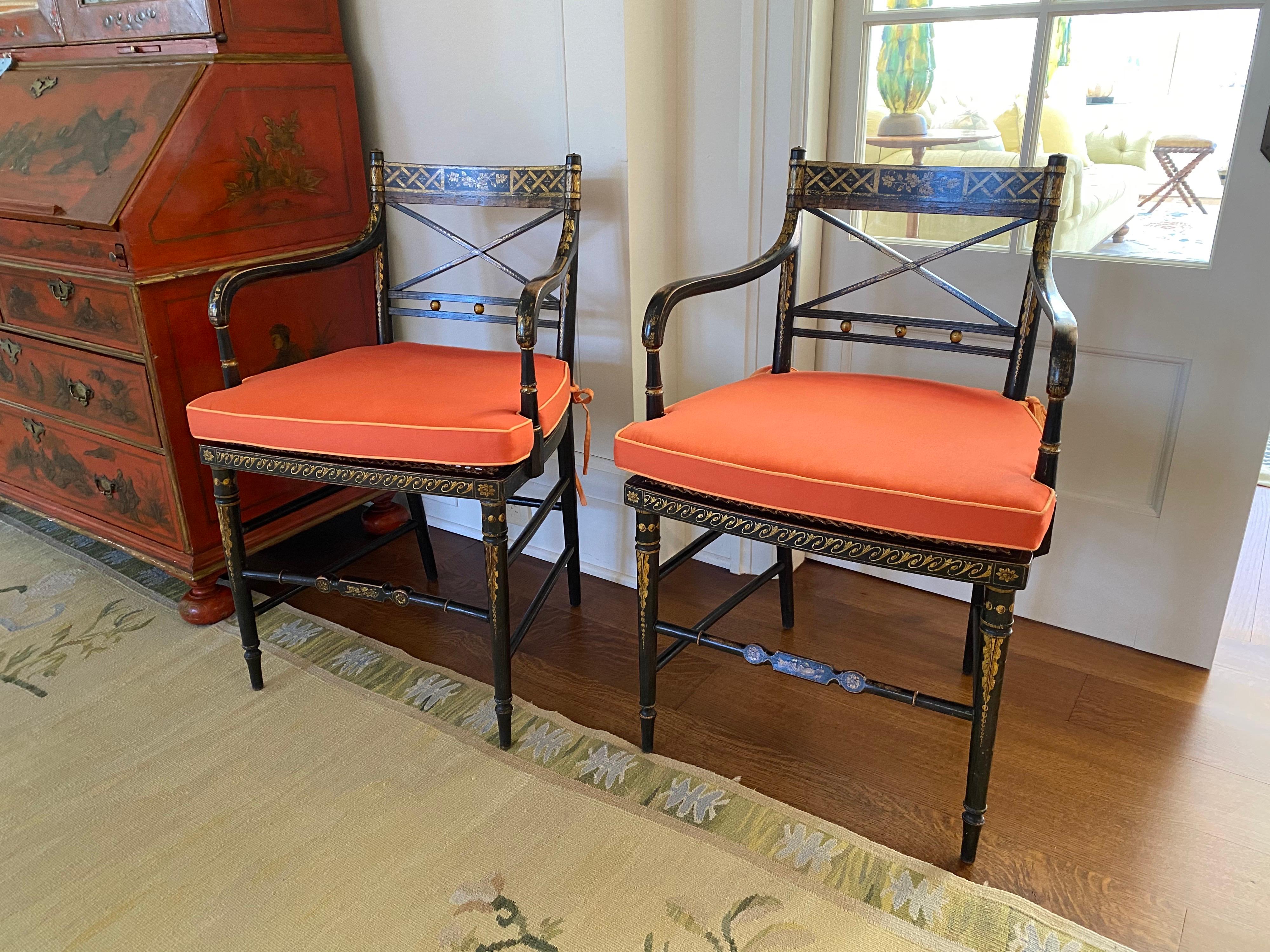 Pair of Regency Parcel-Gilt Rosewood-Grained Caned Armchairs, circa 1810 8