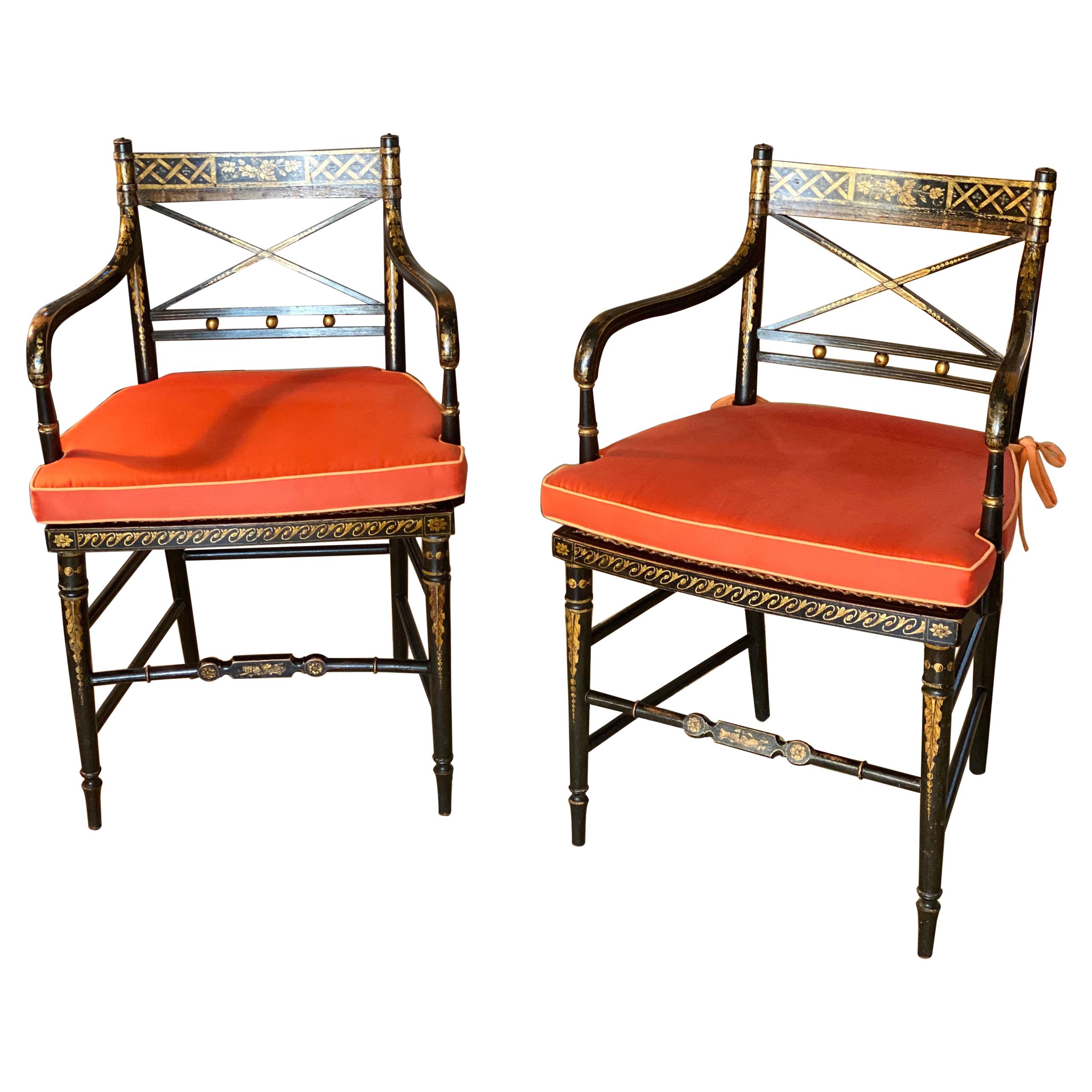Pair of Regency Parcel-Gilt Rosewood-Grained Caned Armchairs, circa 1810