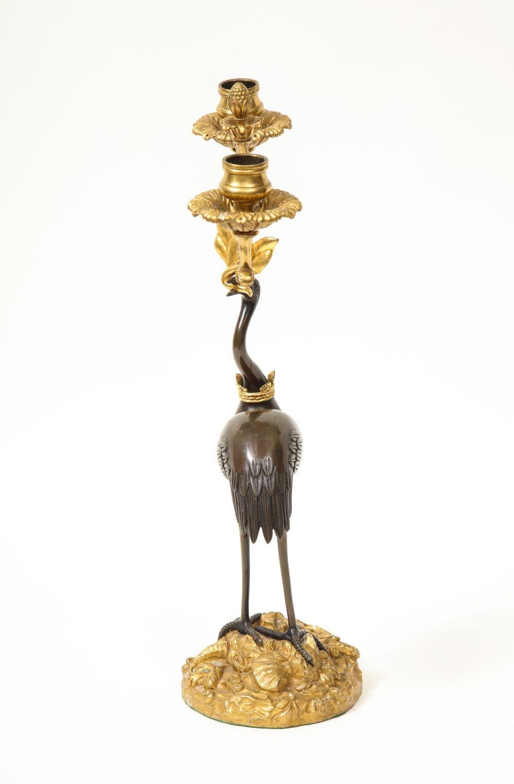 Pair of Regency Patinated and Gilt Bronze Ostrich-Form Two Light Candelabra 8