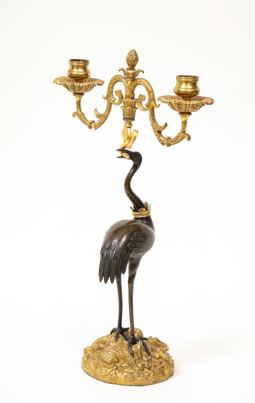 Pair of Regency Patinated and Gilt Bronze Ostrich-Form Two Light Candelabra 9