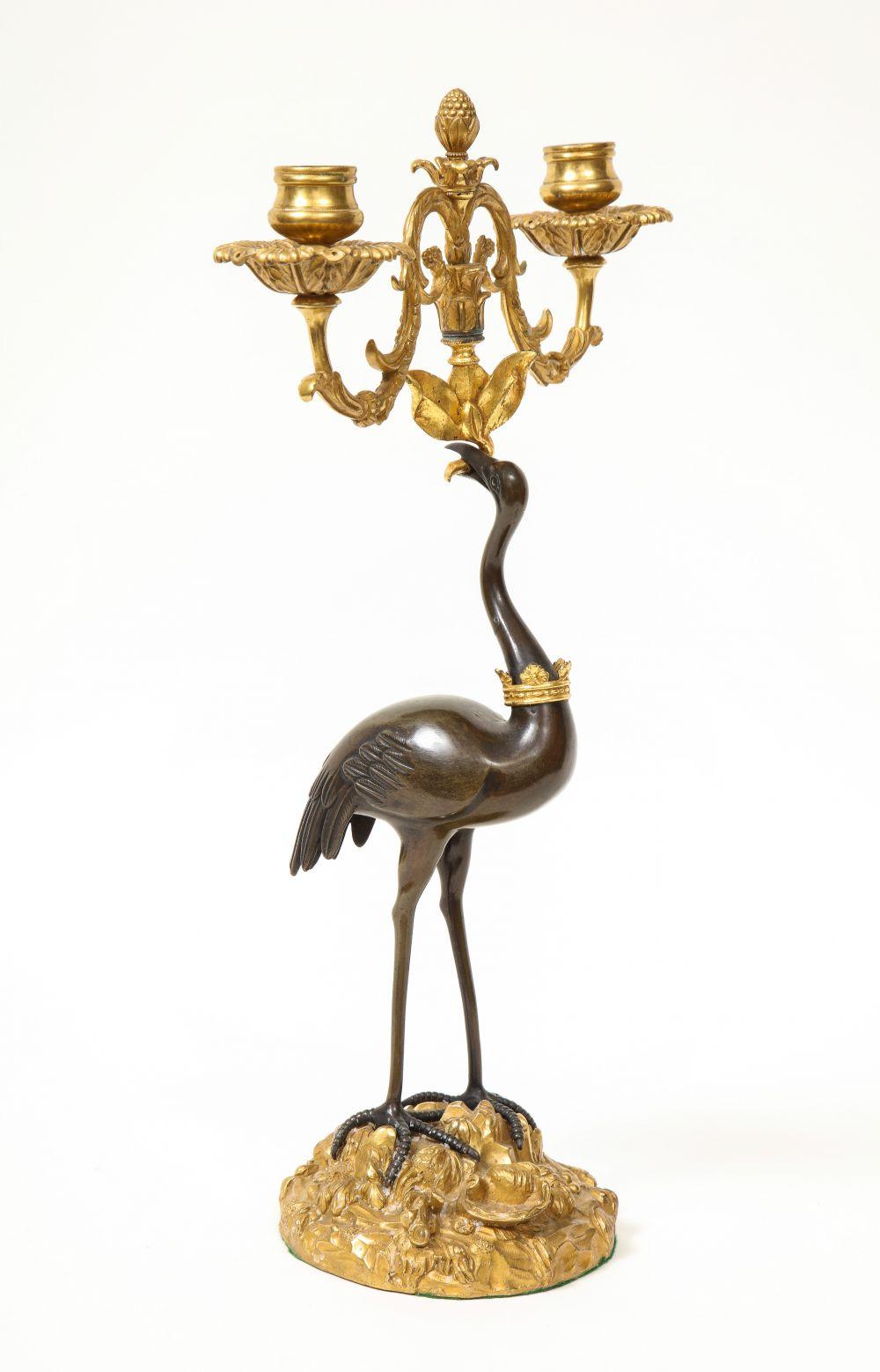 Pair of Regency Patinated and Gilt Bronze Ostrich-Form Two Light Candelabra 10