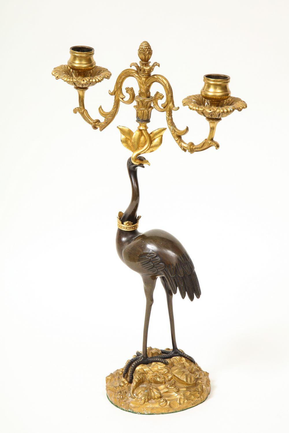 Pair of Regency Patinated and Gilt Bronze Ostrich-Form Two Light Candelabra 5