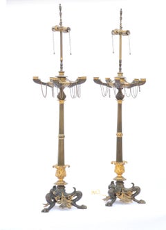 Pair of Regency Patinated Bronze and Ormolu Candelabra Lamps