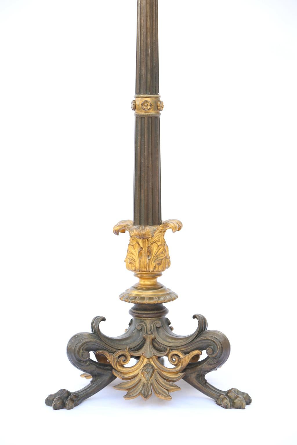 French Pair of Regency Patinated Bronze and Ormolu Candelabra Lamps For Sale