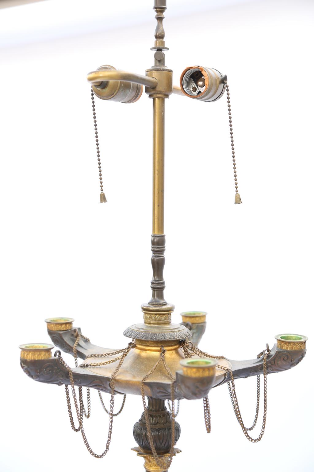 Gilt Pair of Regency Patinated Bronze and Ormolu Candelabra Lamps For Sale