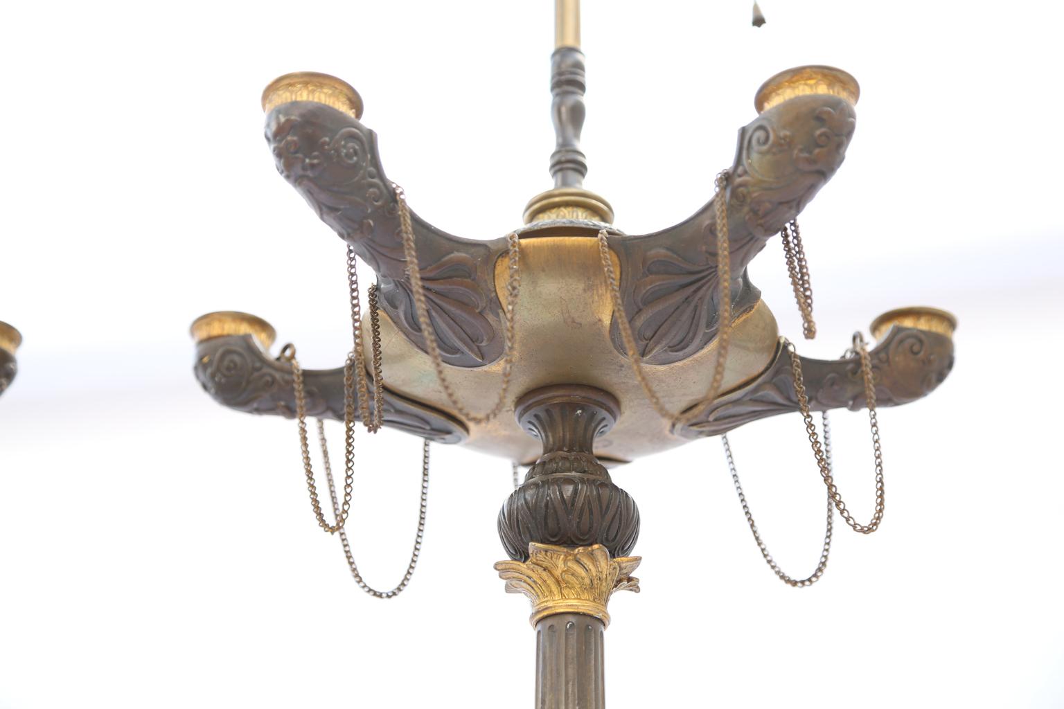Pair of Regency Patinated Bronze and Ormolu Candelabra Lamps In Good Condition For Sale In West Palm Beach, FL