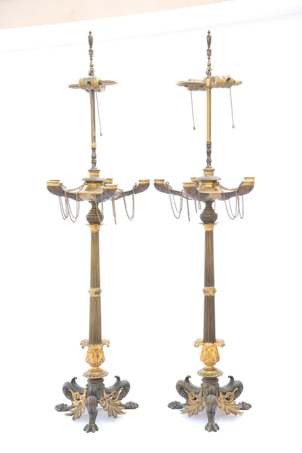 Pair of Regency Patinated Bronze and Ormolu Candelabra Lamps For Sale 1