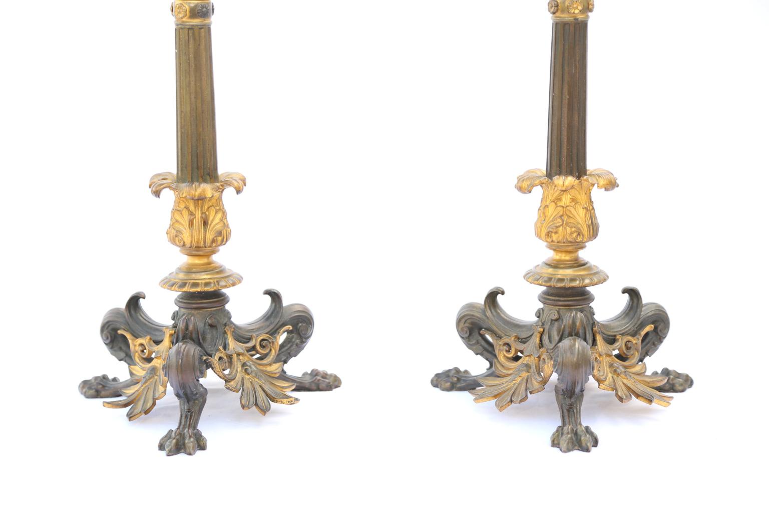 Pair of Regency Patinated Bronze and Ormolu Candelabra Lamps For Sale 2