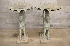 Pair of Regency Patinated Bronze Figural Maiden Sphinx Garden Pedestal Fountains