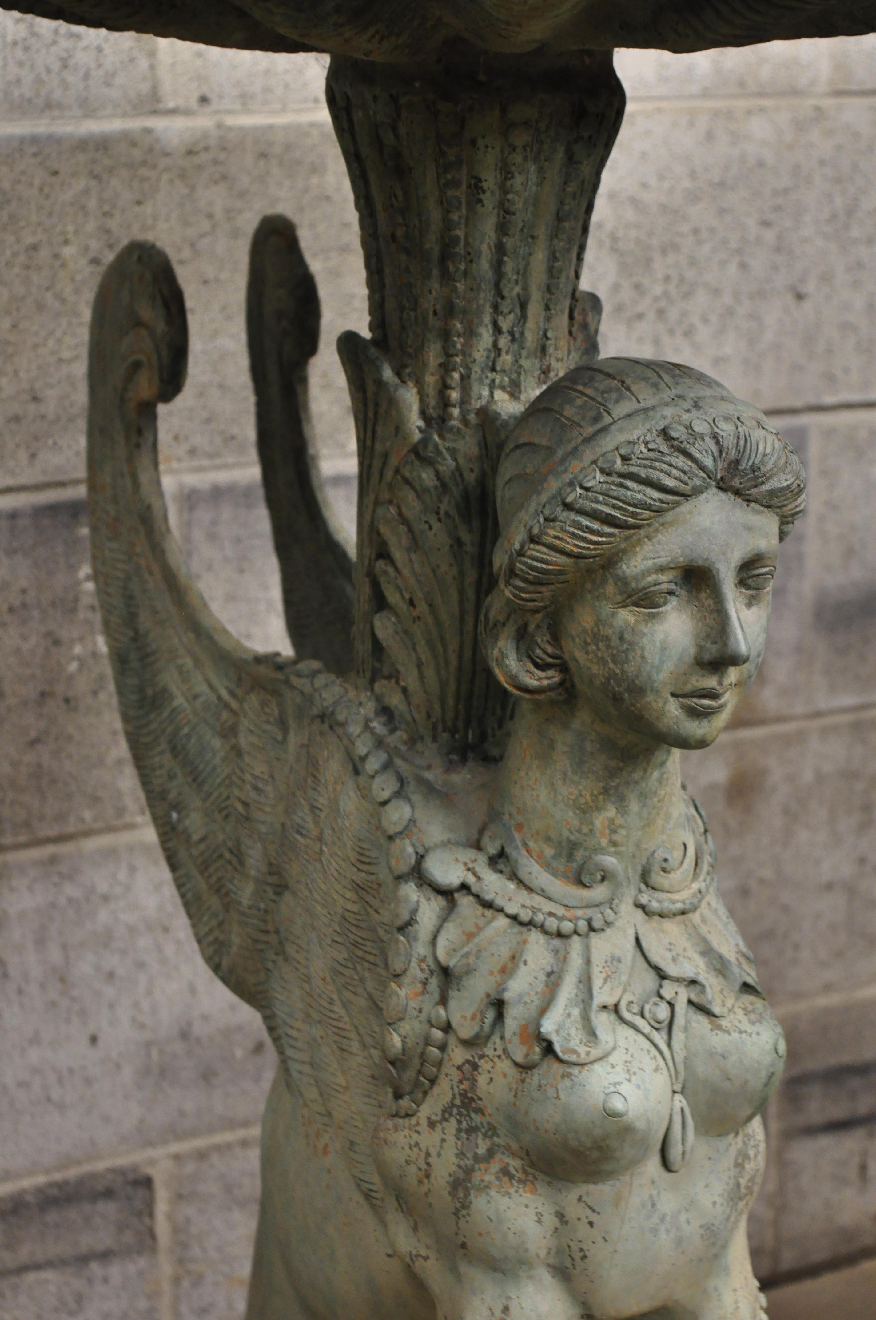 Asian Pair of Regency Patinated Bronze Figural Maiden Sphinx Garden Pedestal Fountains