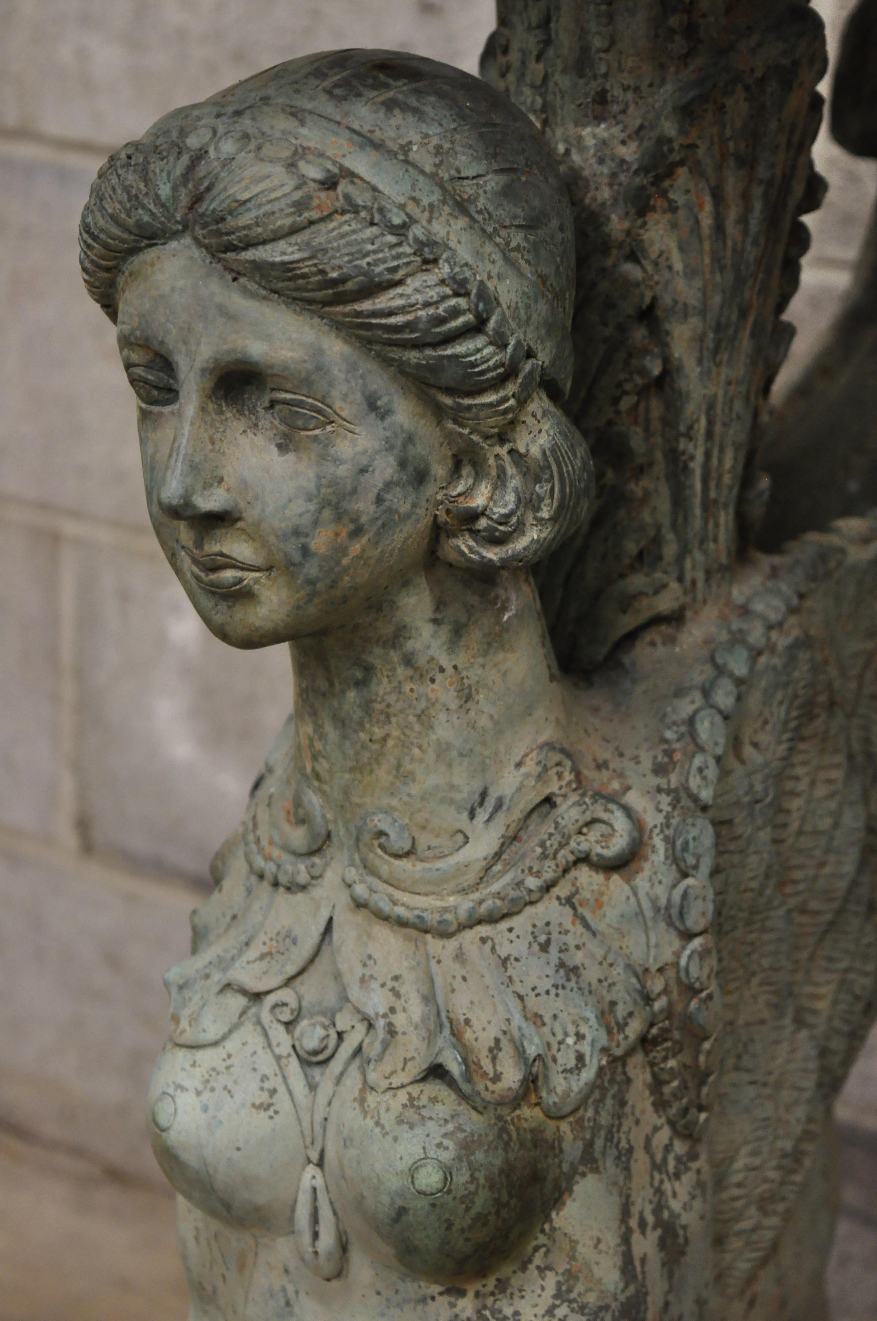 Pair of Regency Patinated Bronze Figural Maiden Sphinx Garden Pedestal Fountains In Good Condition In Philadelphia, PA
