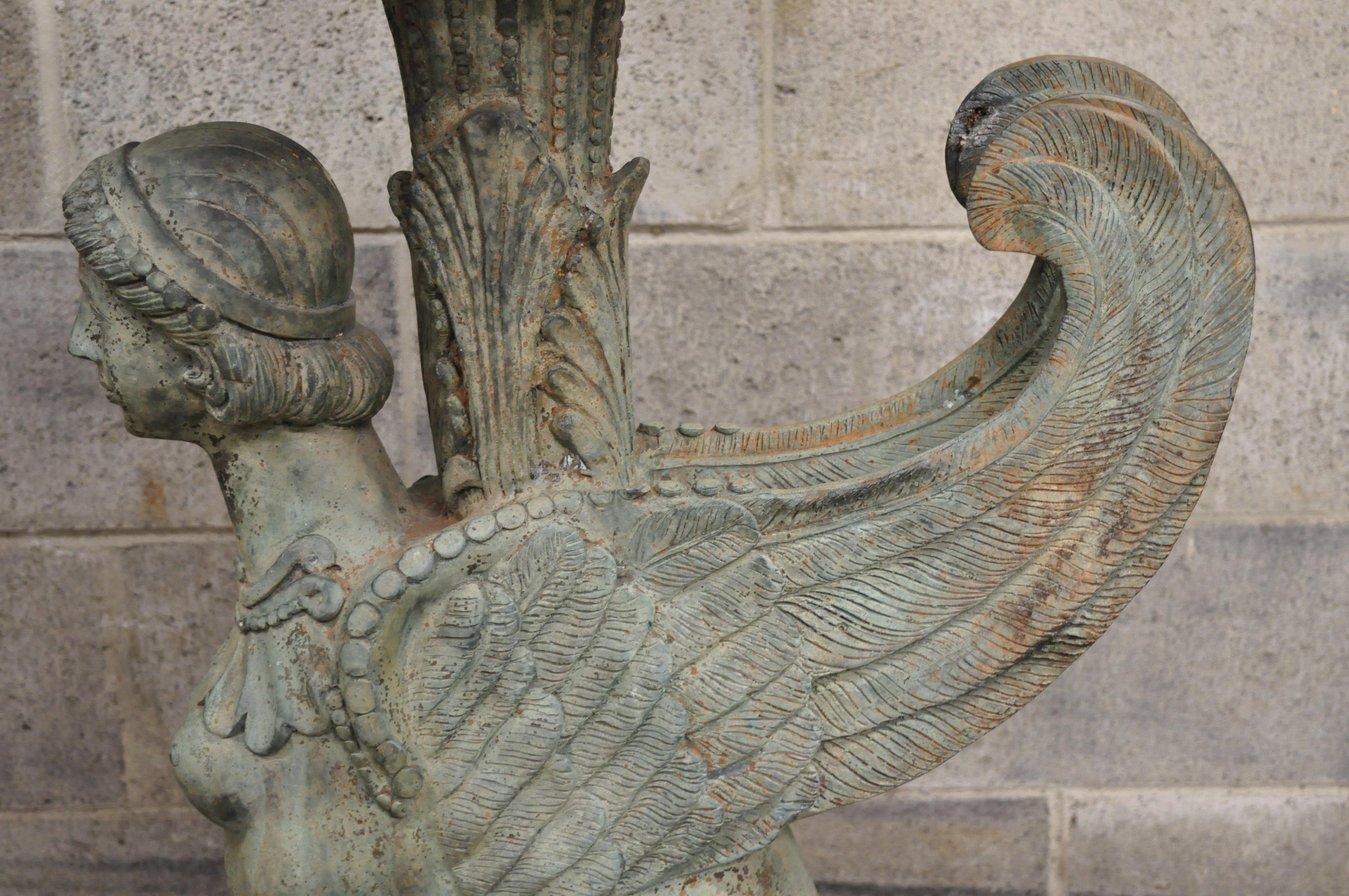 20th Century Pair of Regency Patinated Bronze Figural Maiden Sphinx Garden Pedestal Fountains