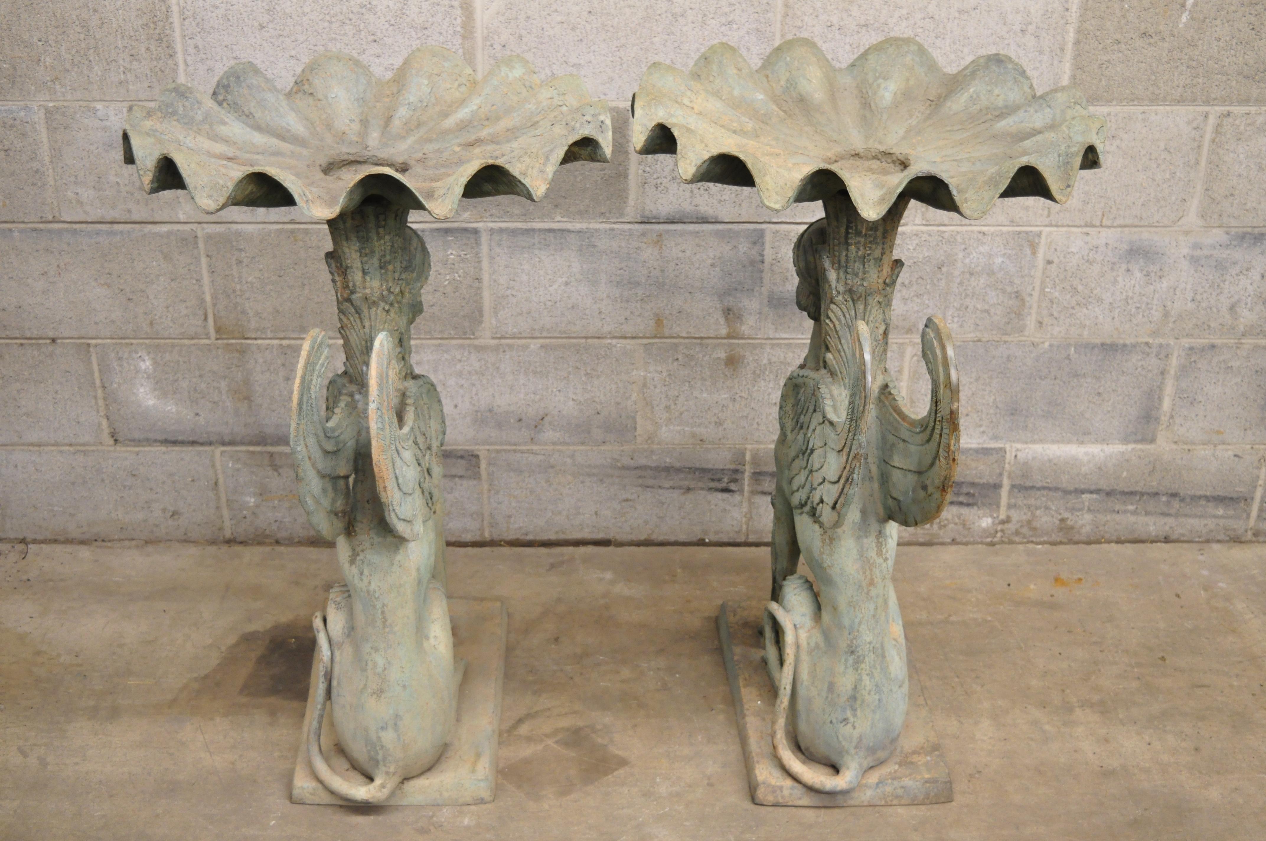 Pair of Regency Patinated Bronze Figural Maiden Sphinx Garden Pedestal Fountains 2