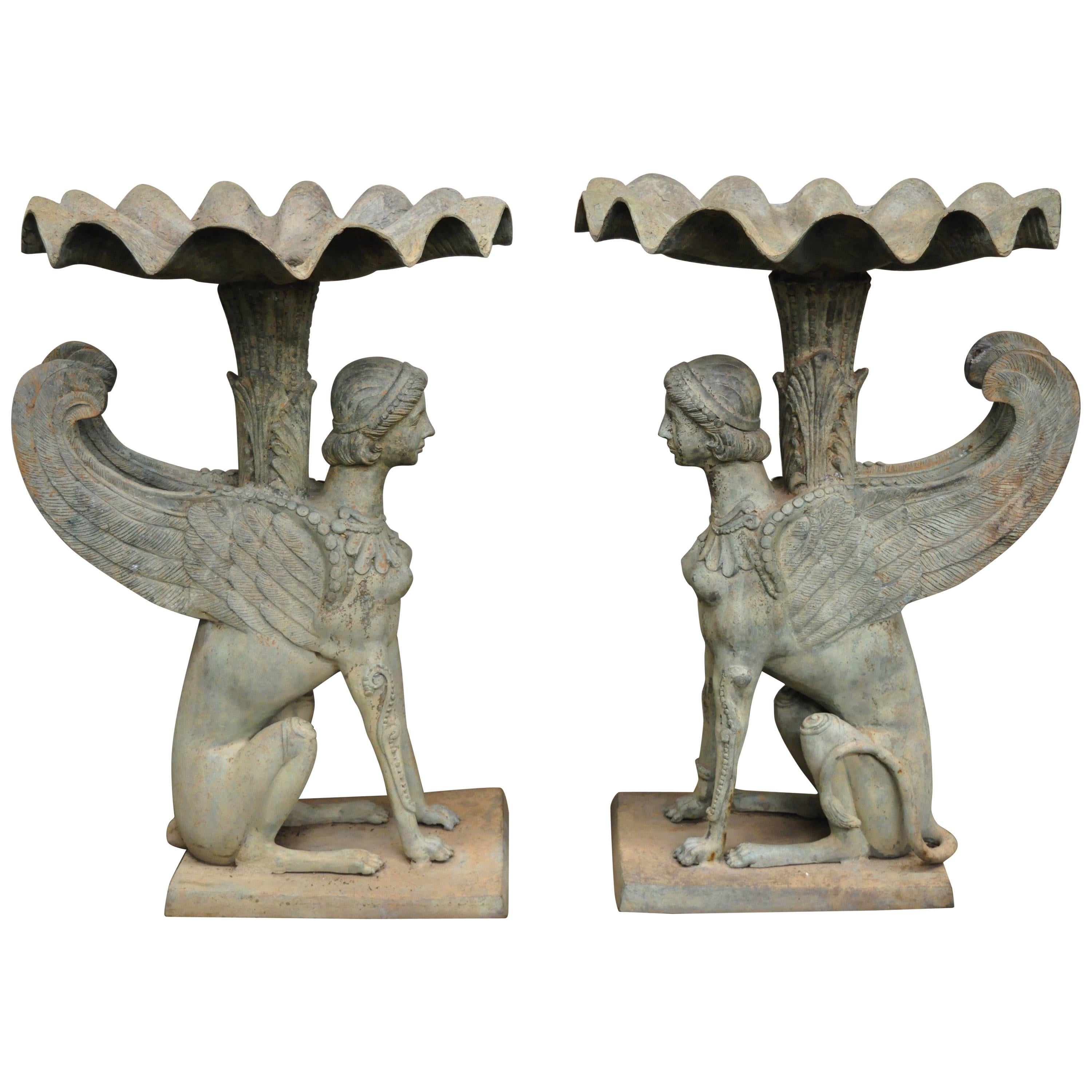 Pair of Regency Patinated Bronze Figural Maiden Sphinx Garden Pedestal Fountains