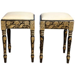 Pair of Regency Penwork Square Benches with Original Decoration, circa 1810