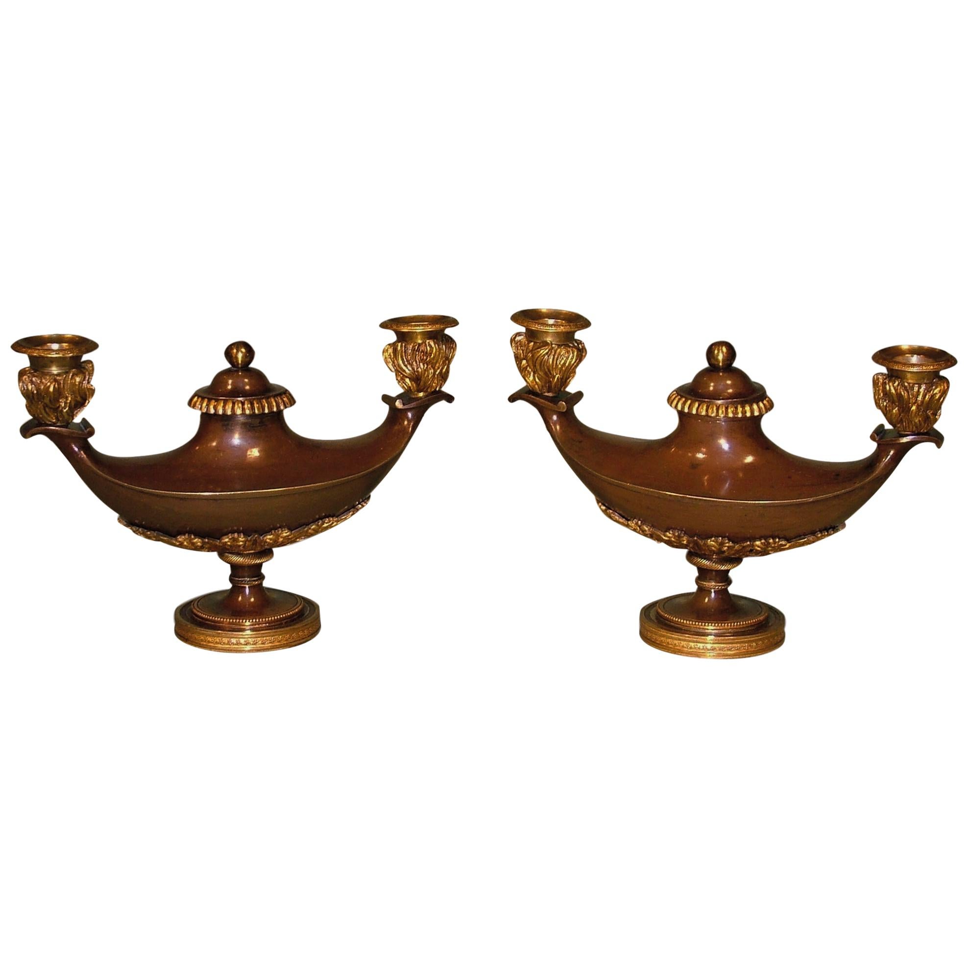 Pair of Regency Period Bronze and Ormolu Two Light Candlesticks For Sale