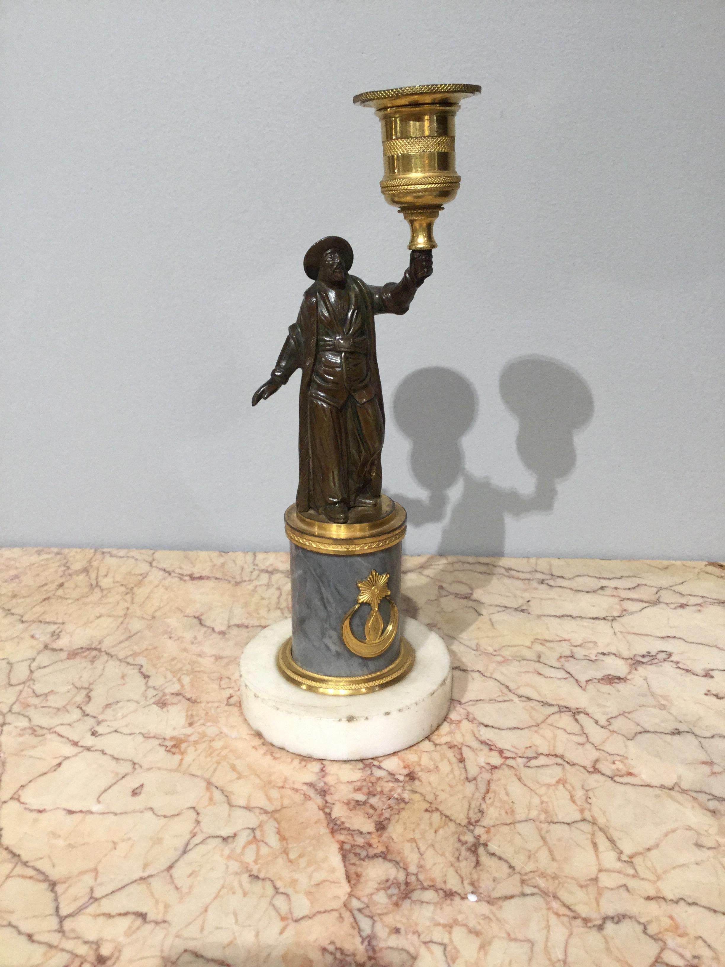 English Pair of Regency Period Candlesticks with Bronze Turkish Figures For Sale