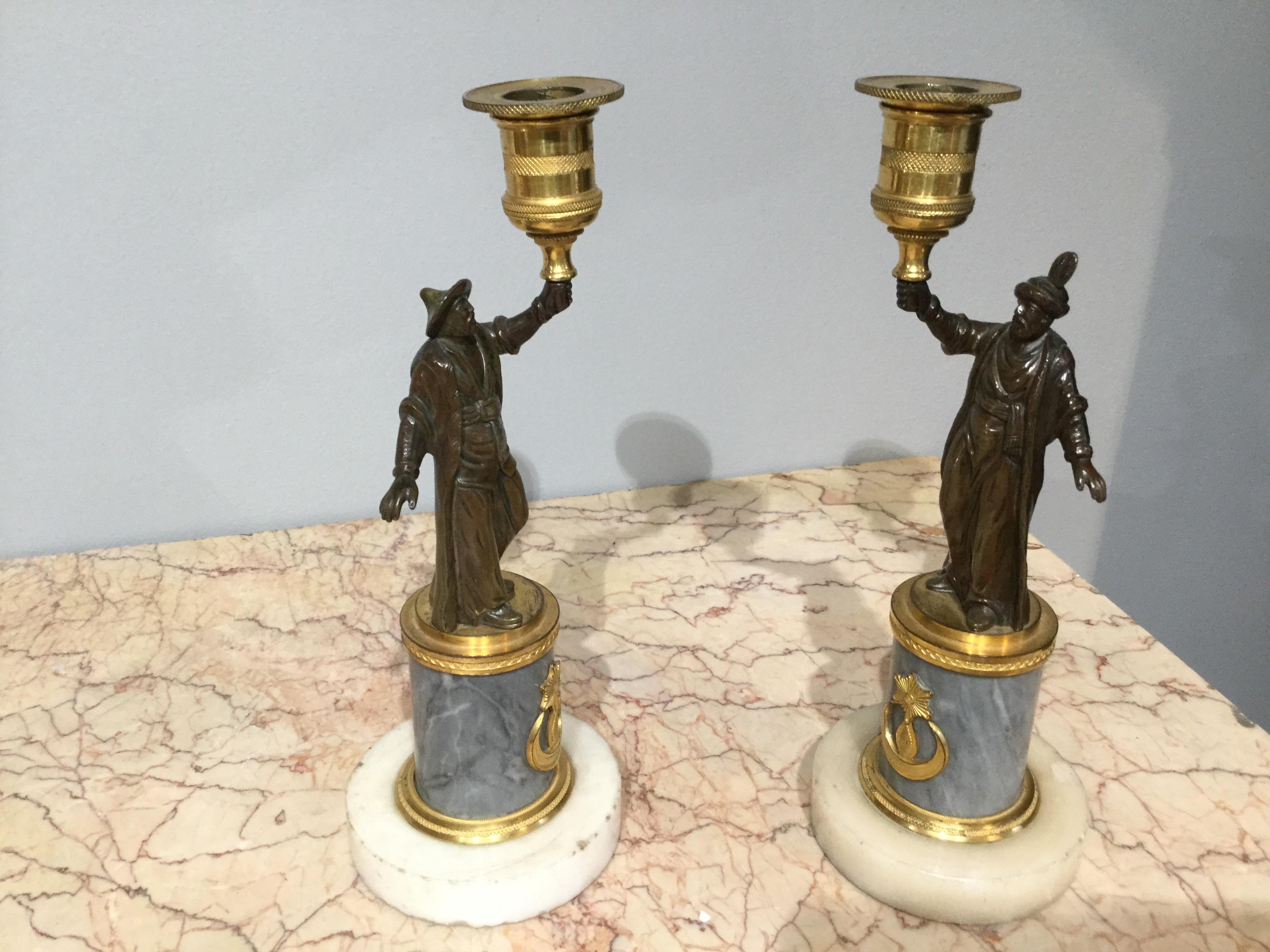Pair of Regency Period Candlesticks with Bronze Turkish Figures For Sale 1