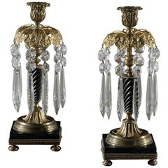 Pair of Regency Period Cut Glass Candlestick Lustres on Marble Bases