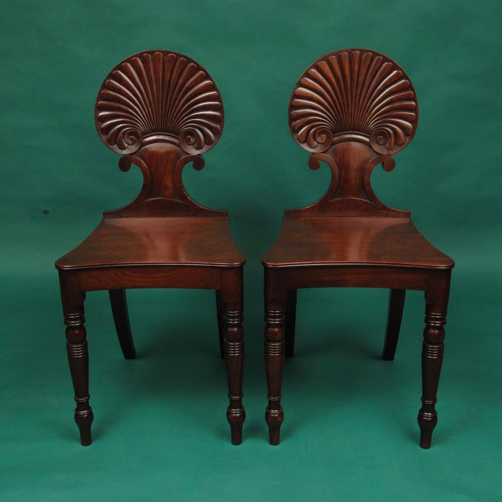 19th Century Pair of Regency Period Mahogany Shell Back Hall Chairs