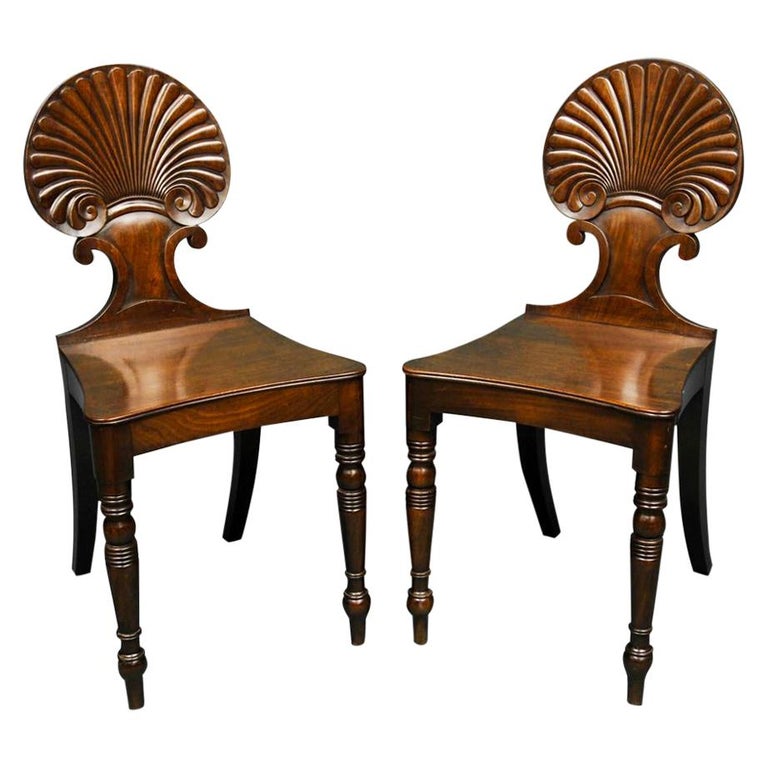 Pair of Regency Period Mahogany Shell Back Hall Chairs at 1stDibs