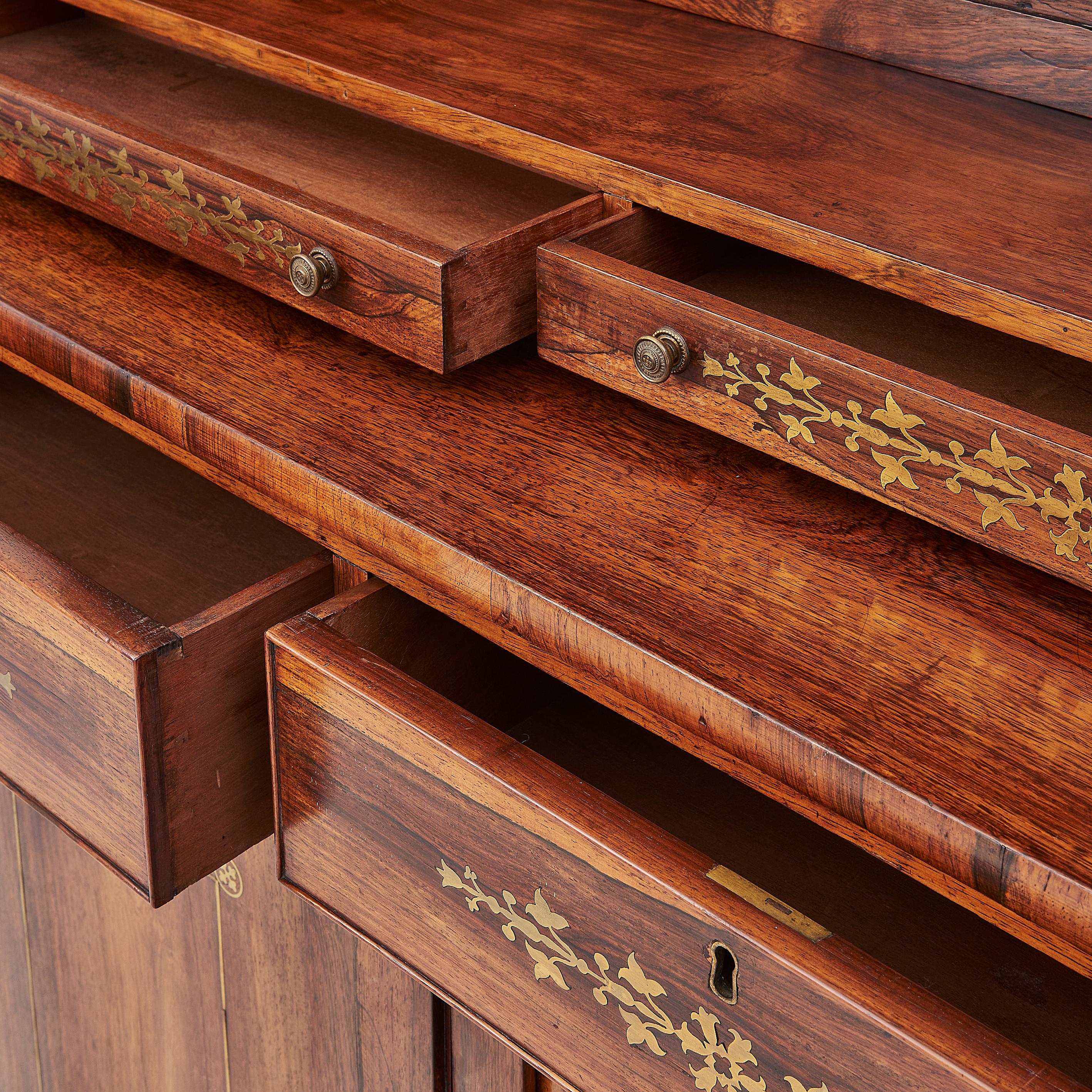 Pair Of Regency Period Rosewood & Brass Inlaid Chiffoniers For Sale 1