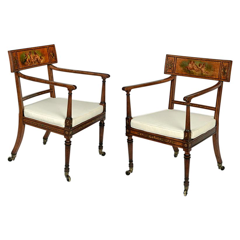 Pair of Regency Polychrome Painted Satinwood Open Armchairs