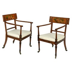 Pair of Regency Polychrome Painted Satinwood Open Armchairs