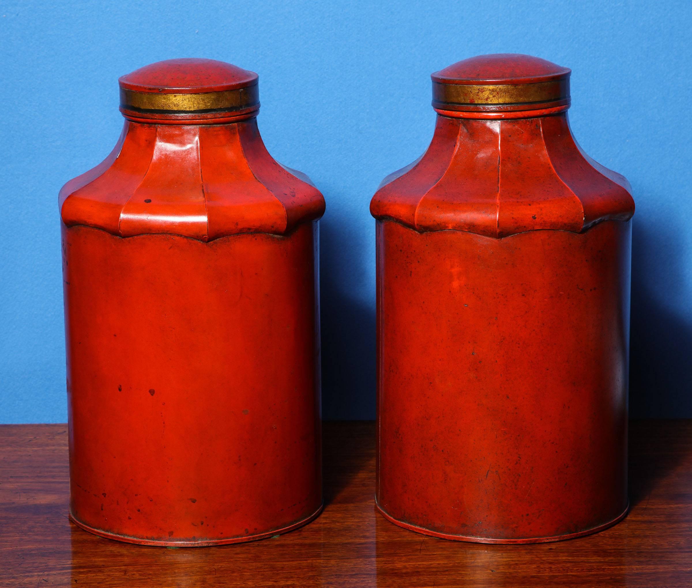 19th Century Pair Regency Red Chinoiserie Tea Cannisters, circa 1810 In Stock For Sale