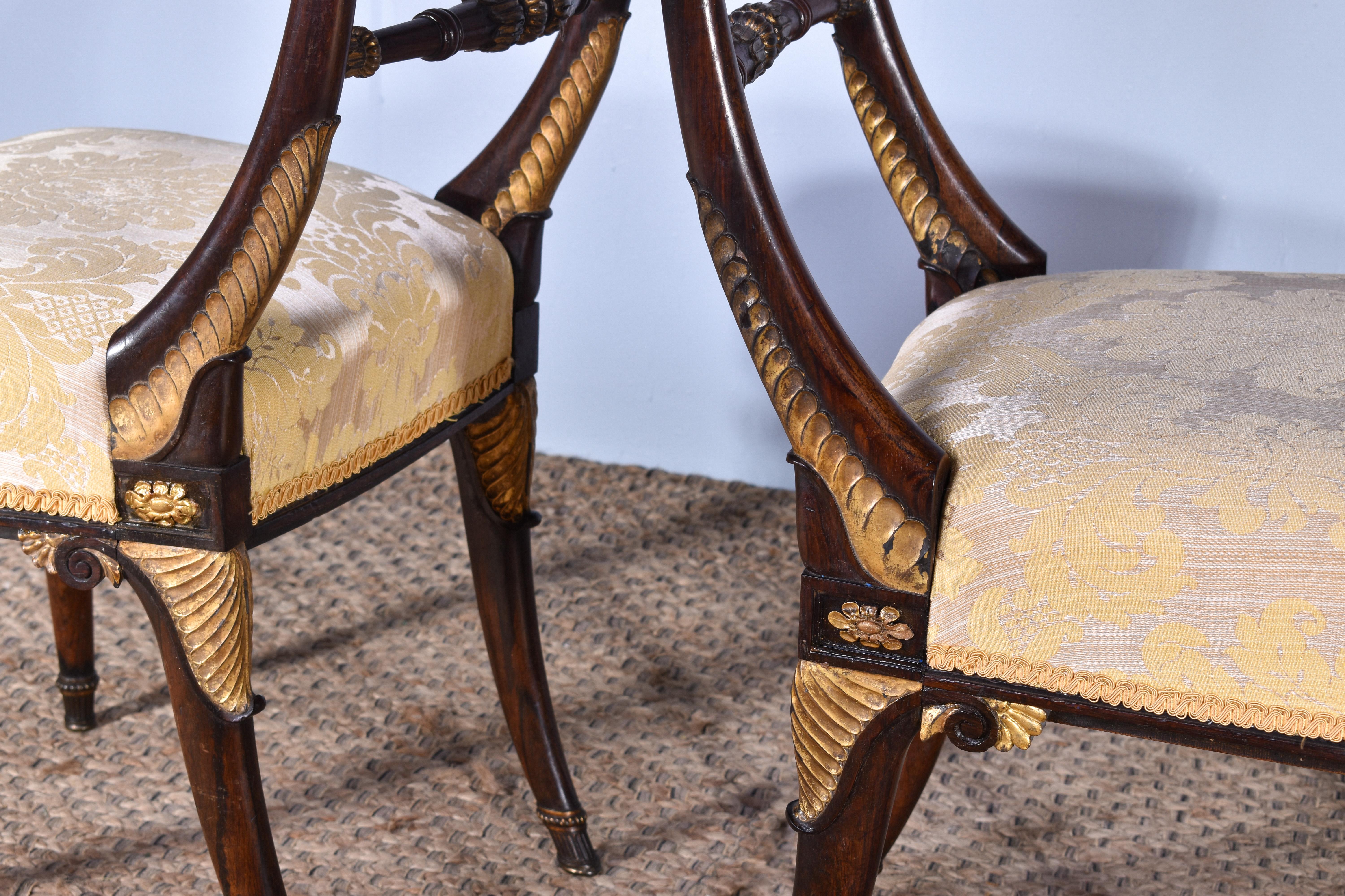 Carved Pair Of Regency Rosewood & Parcel Gilt Chairs For Sale