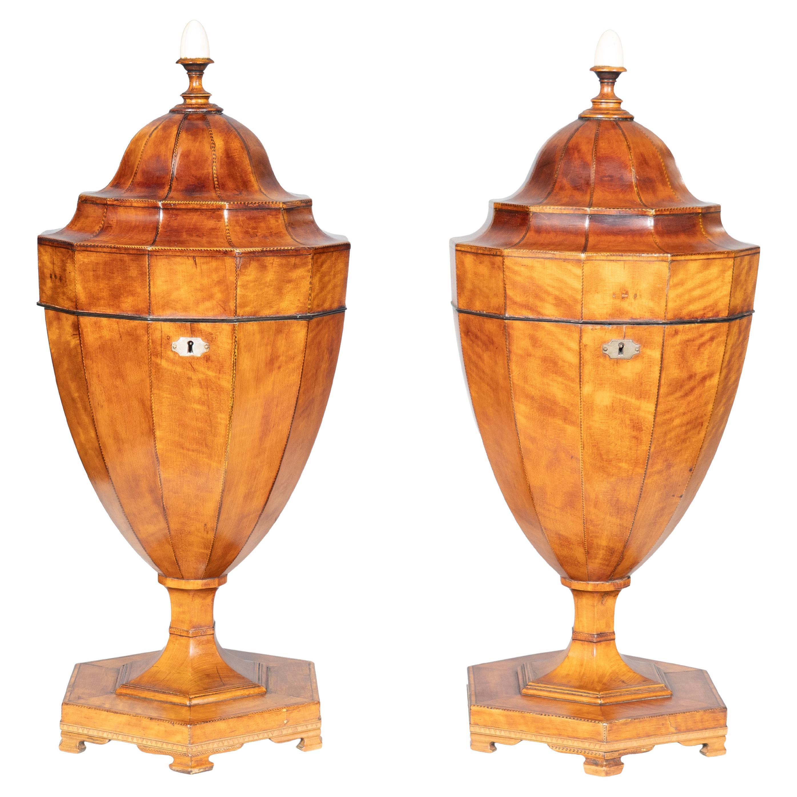 Pair Of Regency Satinwood Urn Form Knife Boxes For Sale
